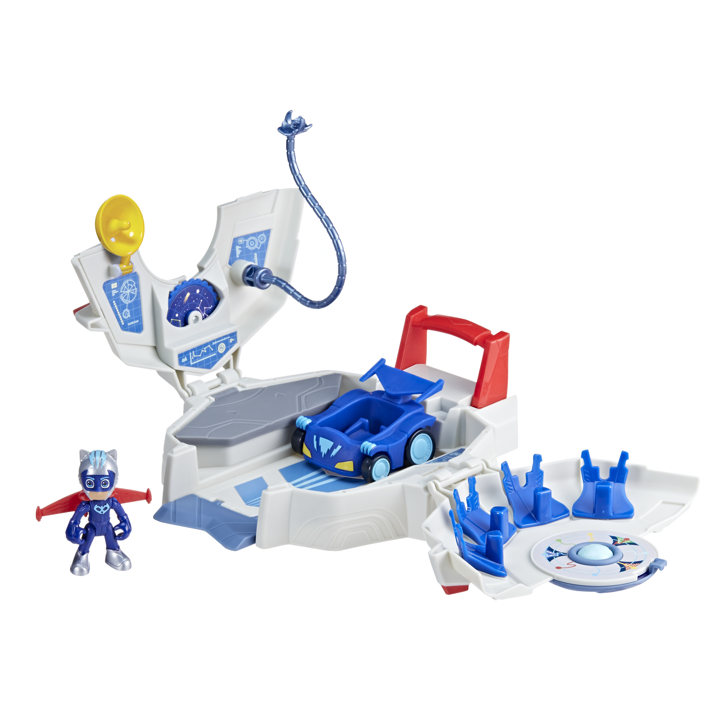 PJ Masks-speelset met Catboy-figuur en auto. Wit en blauw speelsetontwerp. Inclusief een rood en blauw lanceergebied.