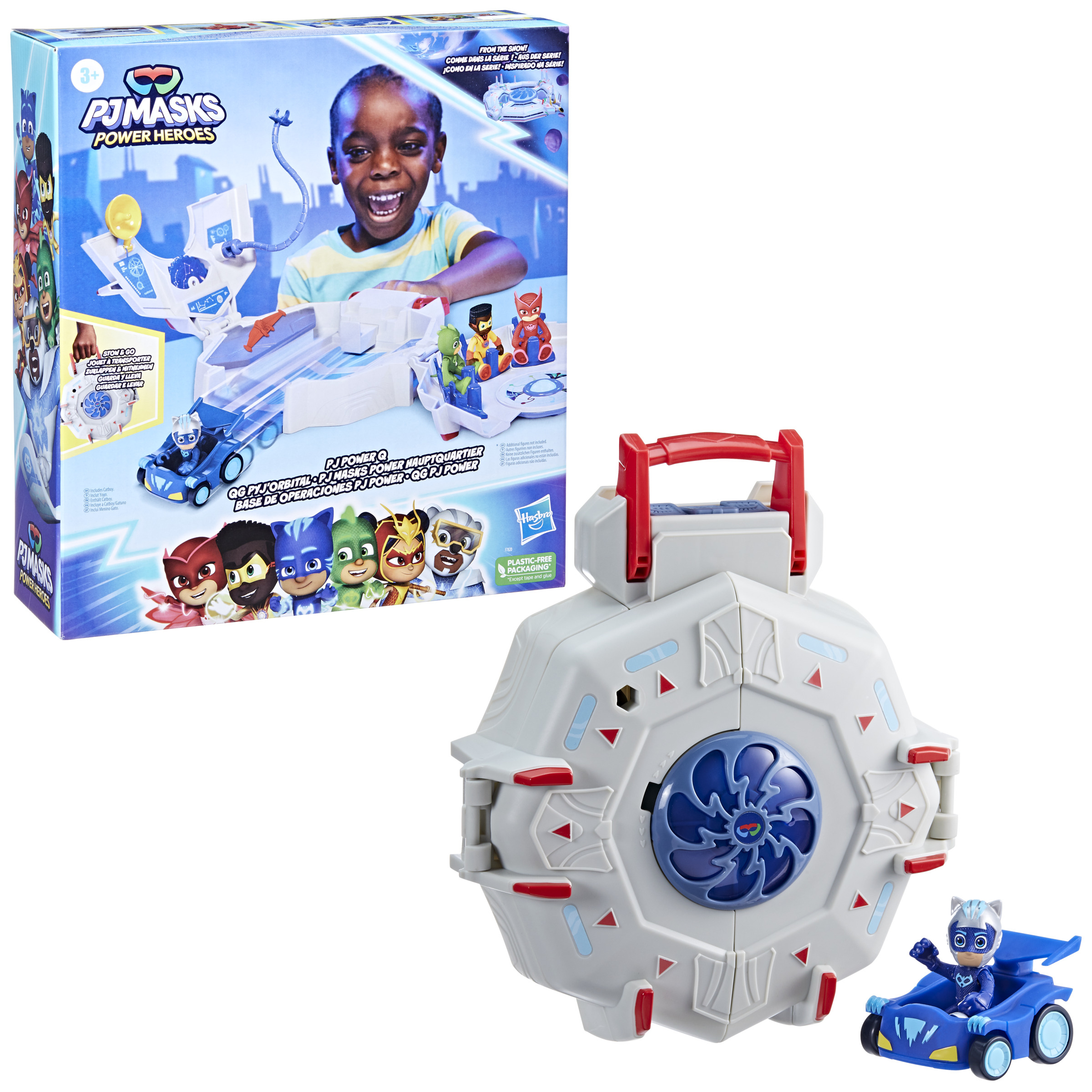 Een PJ Masks-speelsetdoos en een speelset. Bevat Catboy en auto. De set heeft een wit en blauw thema met dooskunst.