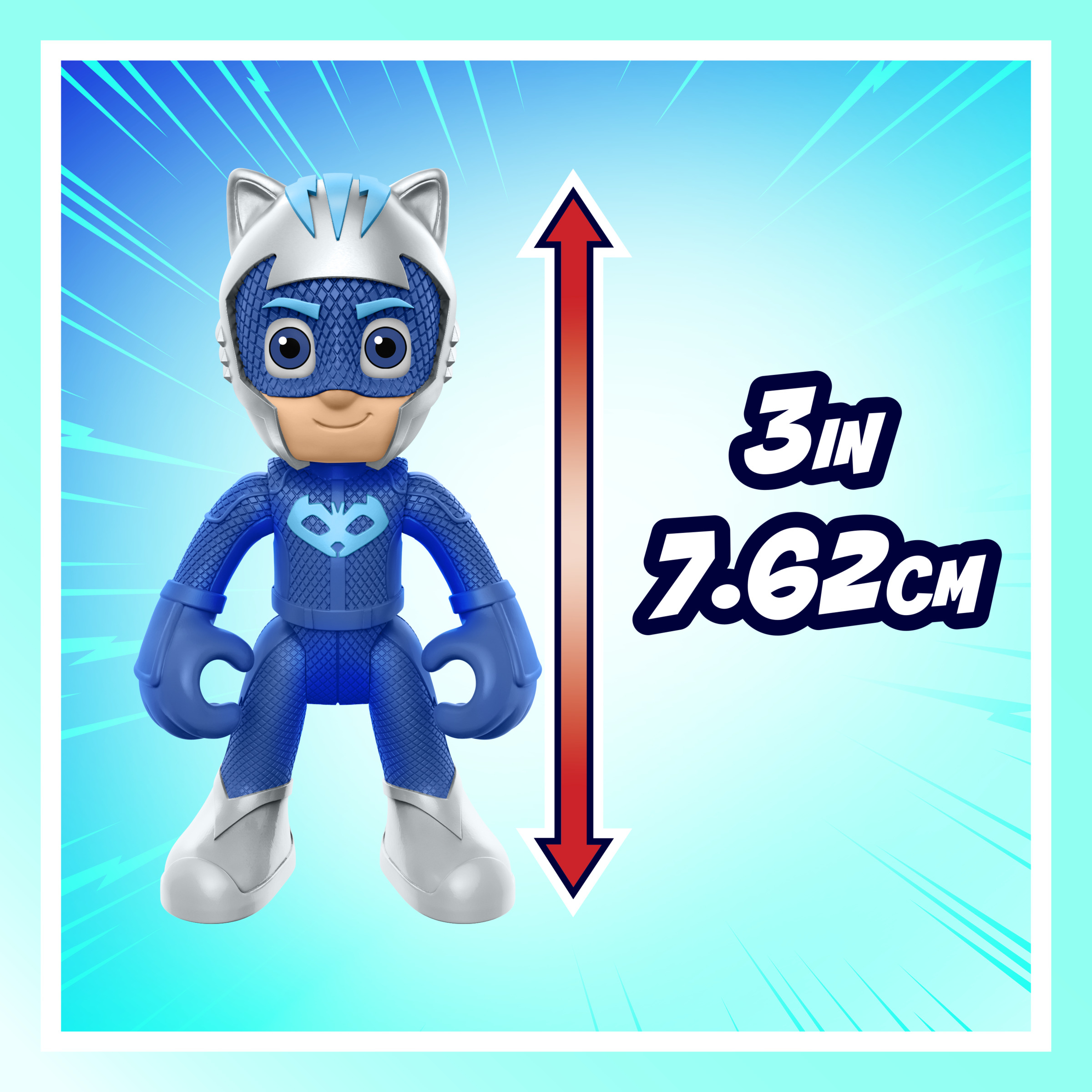 Een Catboy actiefiguur. Blauw superheldenpak met een zilveren hoofdband. De figuur is ongeveer 3 inch lang.