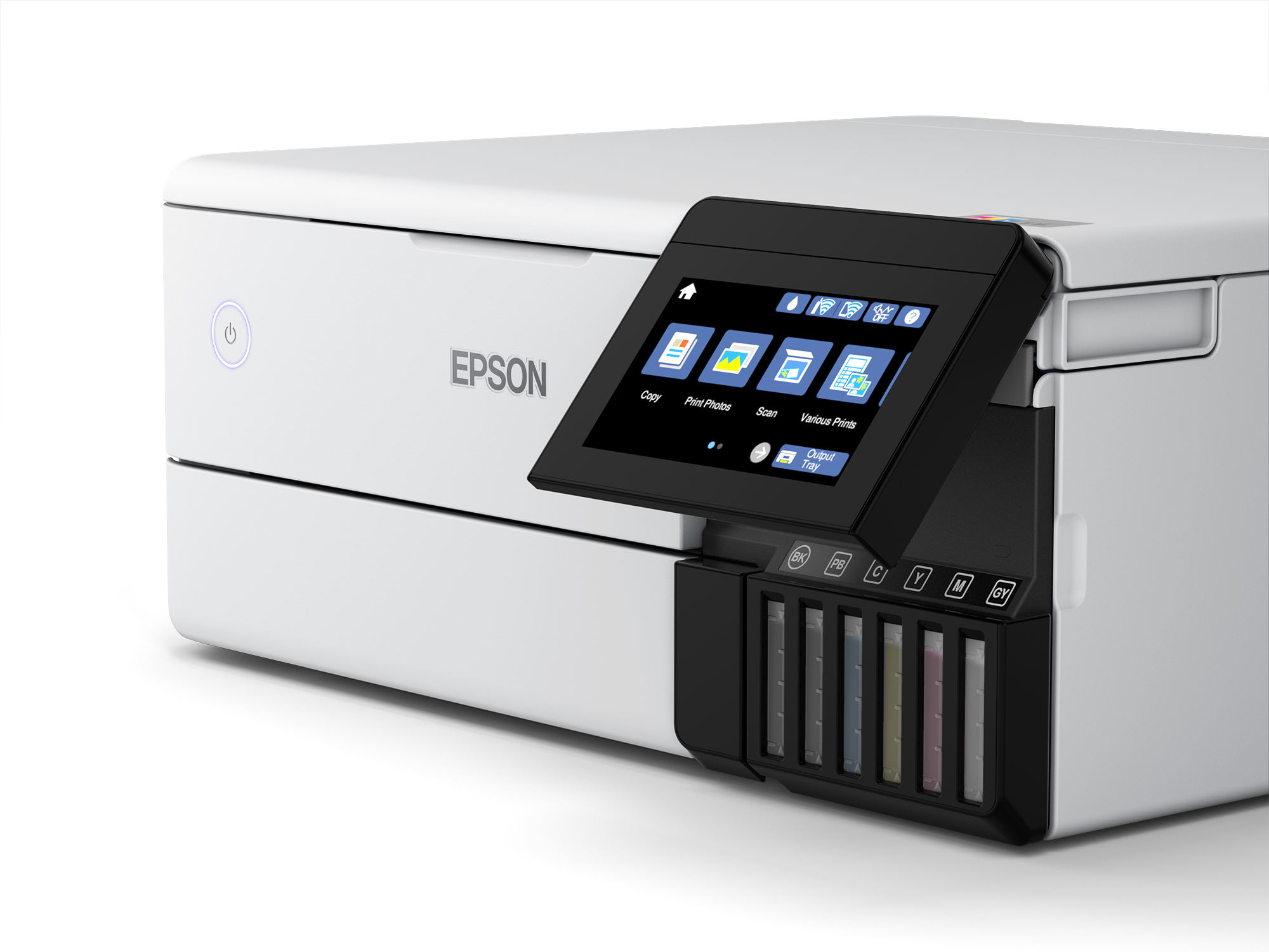 Imprimante Epson blanche avec écran tactile affichant des icônes. Réservoirs d'encre visibles. Bouton d'alimentation allumé.