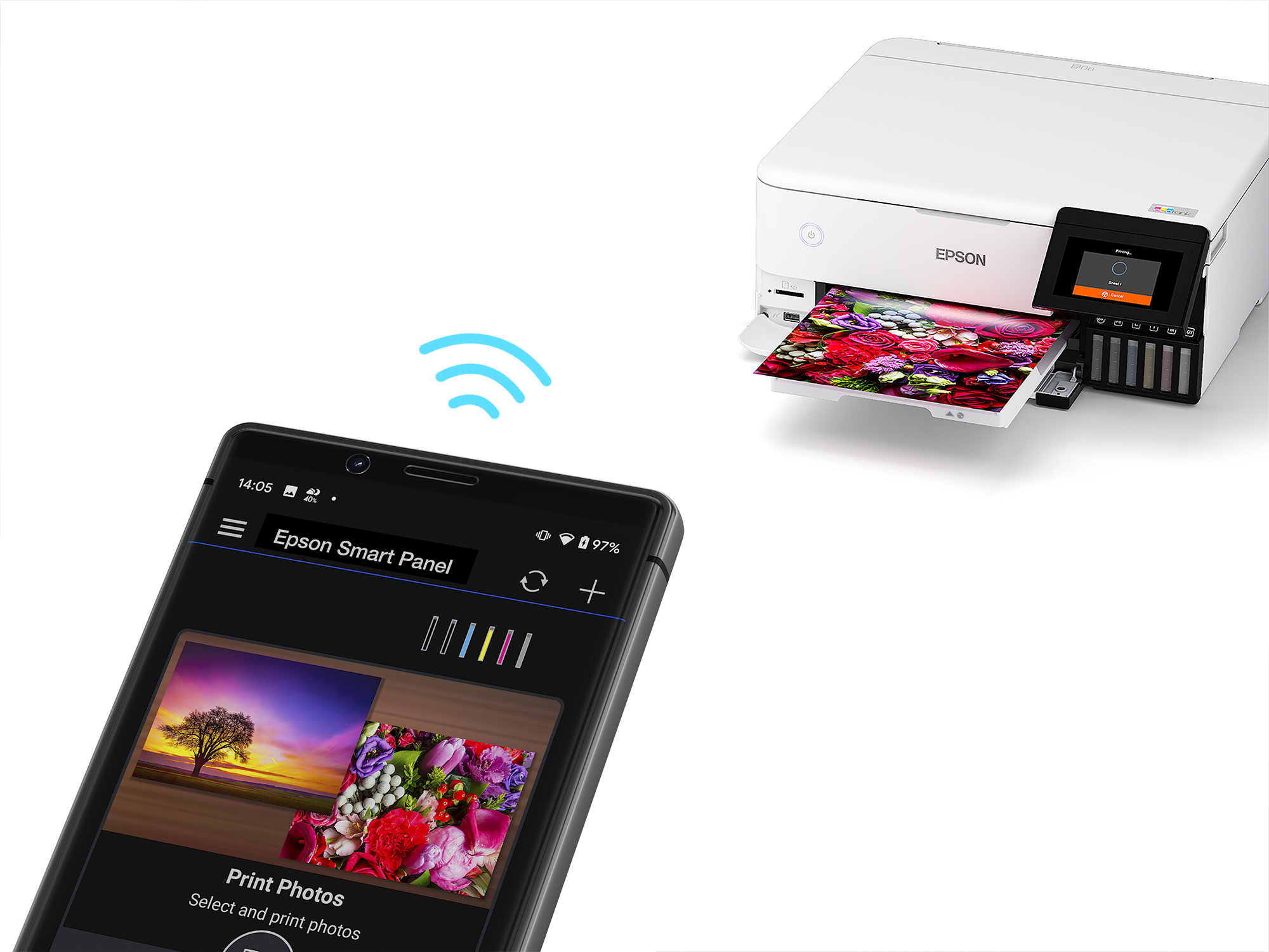 Imprimante Epson connectée à un smartphone. L'imprimante imprime. Fleurs sur papier imprimé.