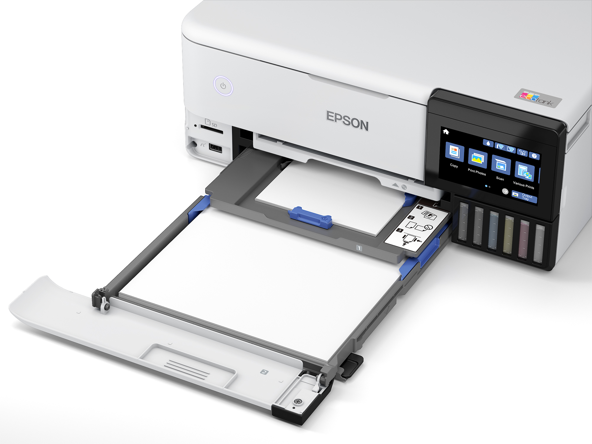 Imprimante Epson blanche avec bac à papier ouvert. L'écran affiche des icônes. Réservoirs d'encre visibles.