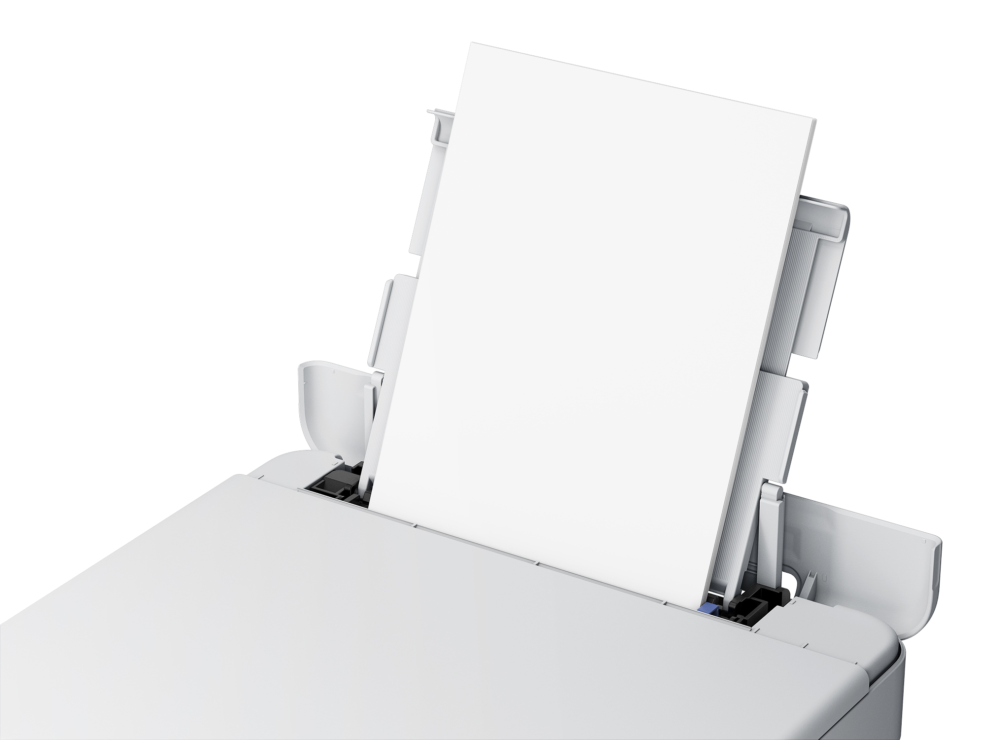 Imprimante Epson blanche imprimant une feuille de papier vierge. Le papier est inséré dans l'imprimante.