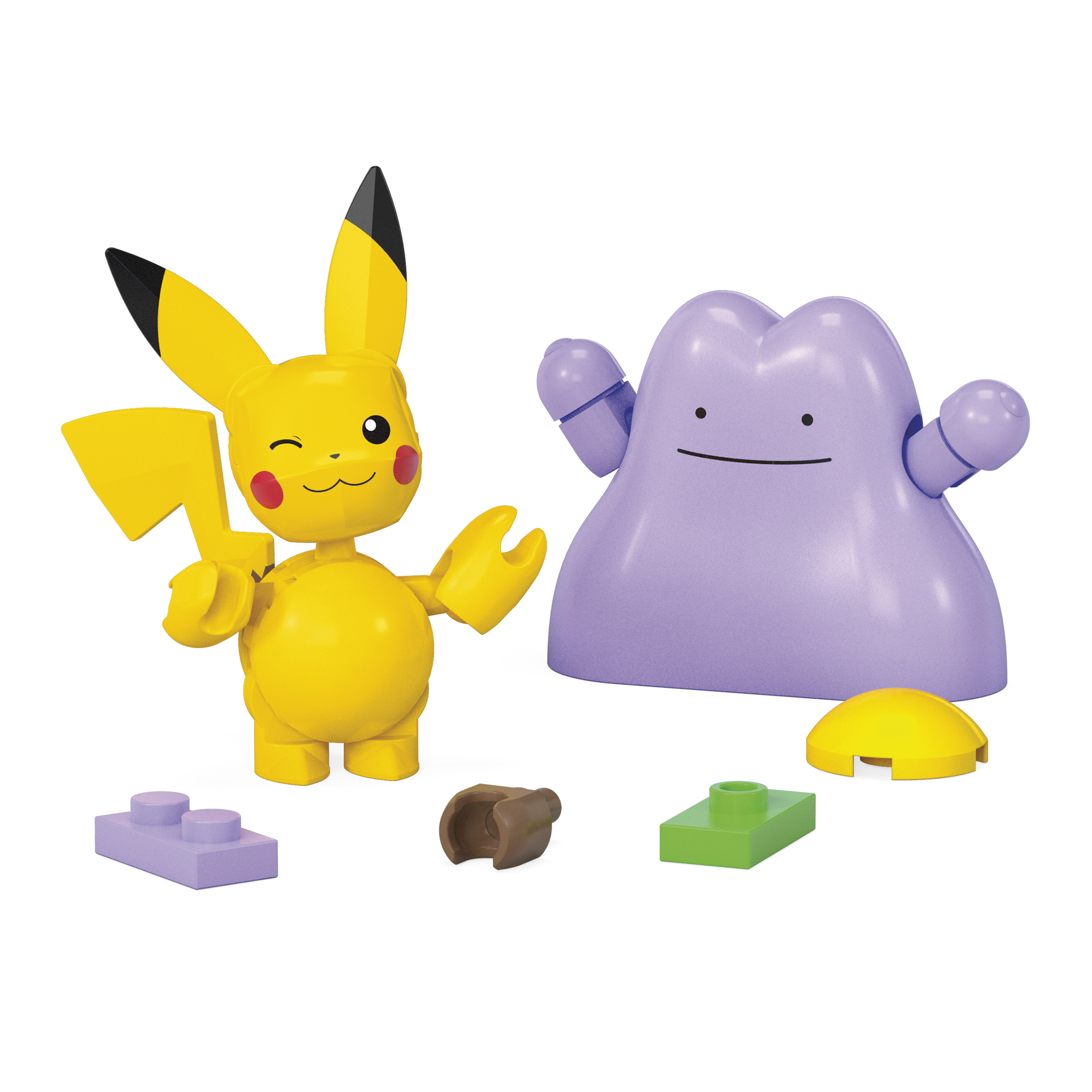 Personaggi di Pokemon, Pikachu e Ditto. Pikachu è giallo, che ammicca. Ditto è viola, con forme a blocco.