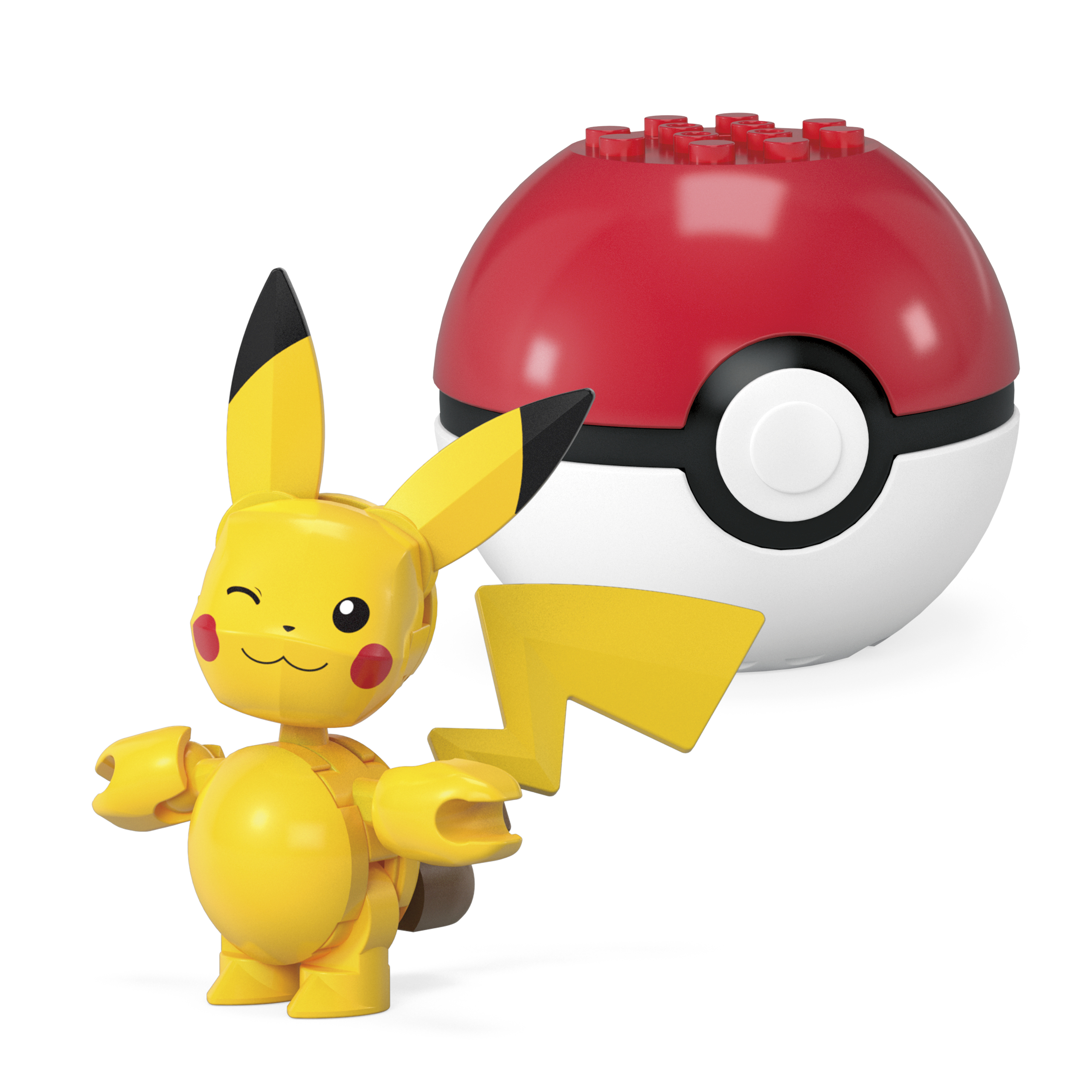 Pikachu e una Poké Ball. Pikachu è giallo e fa l'occhiolino. La Poké Ball è rossa e bianca.