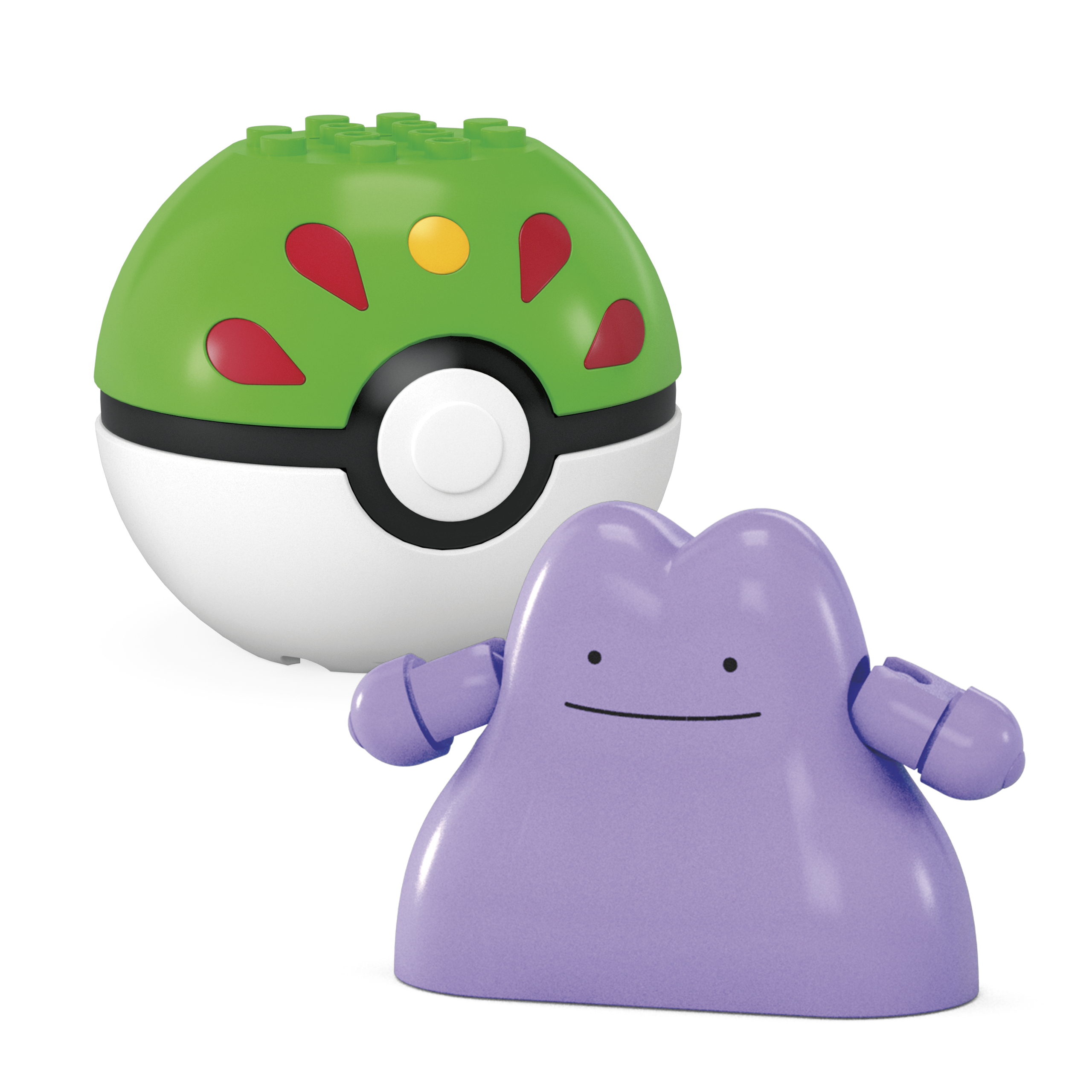 Pokemon Ditto e una Poké Ball. Ditto è viola e la Poké Ball è verde e bianca.