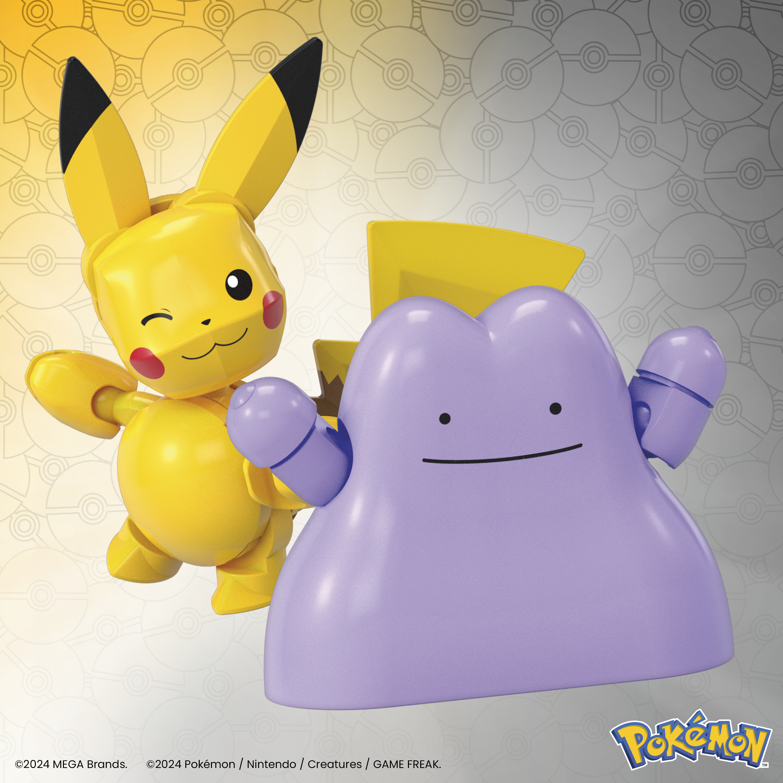 Personaggi di Pokemon, Pikachu e Ditto. Pikachu è giallo e fa l'occhiolino. Ditto è viola.