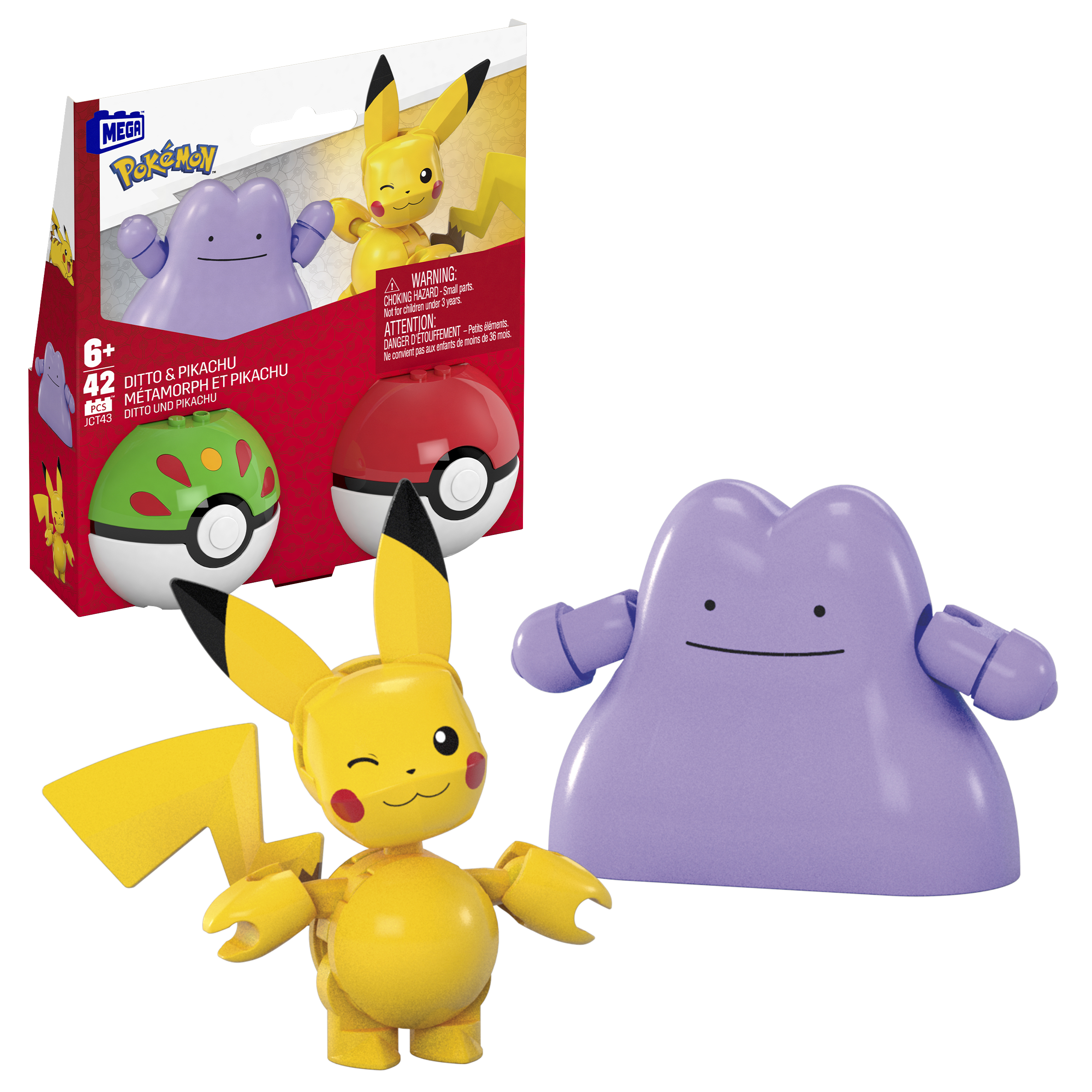 Giocattoli Pokémon: Pikachu, Ditto e una Poké Ball, con una scatola sullo sfondo.