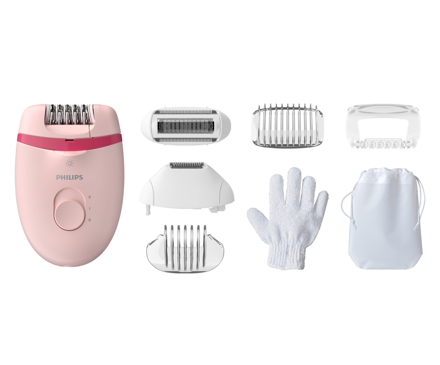 Un epilatore Philips rosa con diversi accessori, un guanto bianco e un sacchetto.