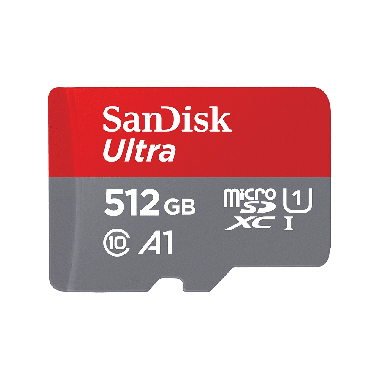 SanDisk Ultra microSD-Karte mit Text auf rotem und grauem Hintergrund. Weißer Hintergrund.