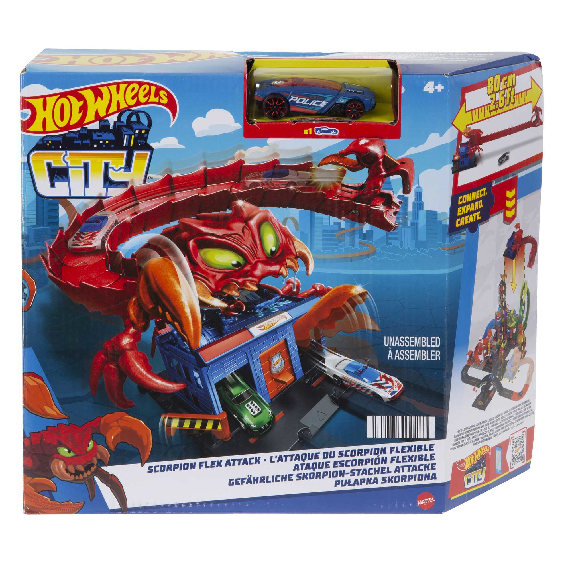 Hot Wheels City Box. Ein rotes Skorpion-Spielzeugset mit Autos.