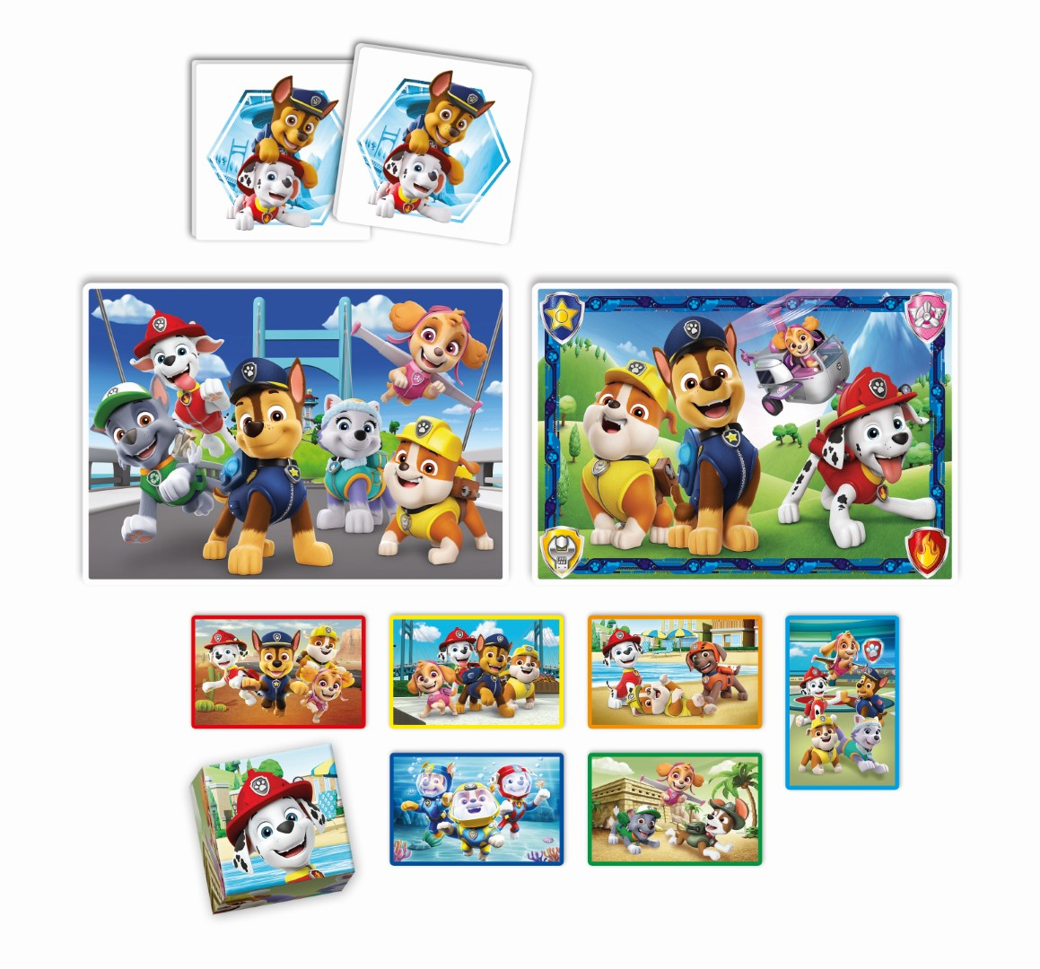 Różne elementy układanki Paw Patrol z postaciami na różnych tłach.