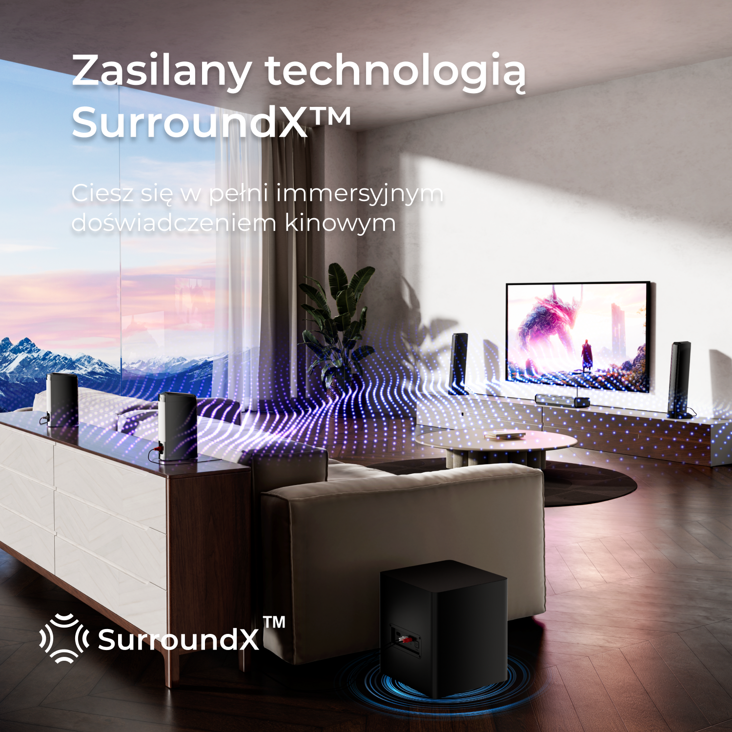 Salon z systemem dźwiękowym, TV i fioletowym efektem świetlnym. Kanapa i roślina.