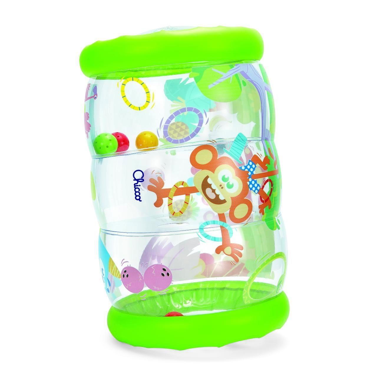 Chicco Spielzeug. Ein durchsichtiges, rollendes Spielzeug mit Affe und Bällen.