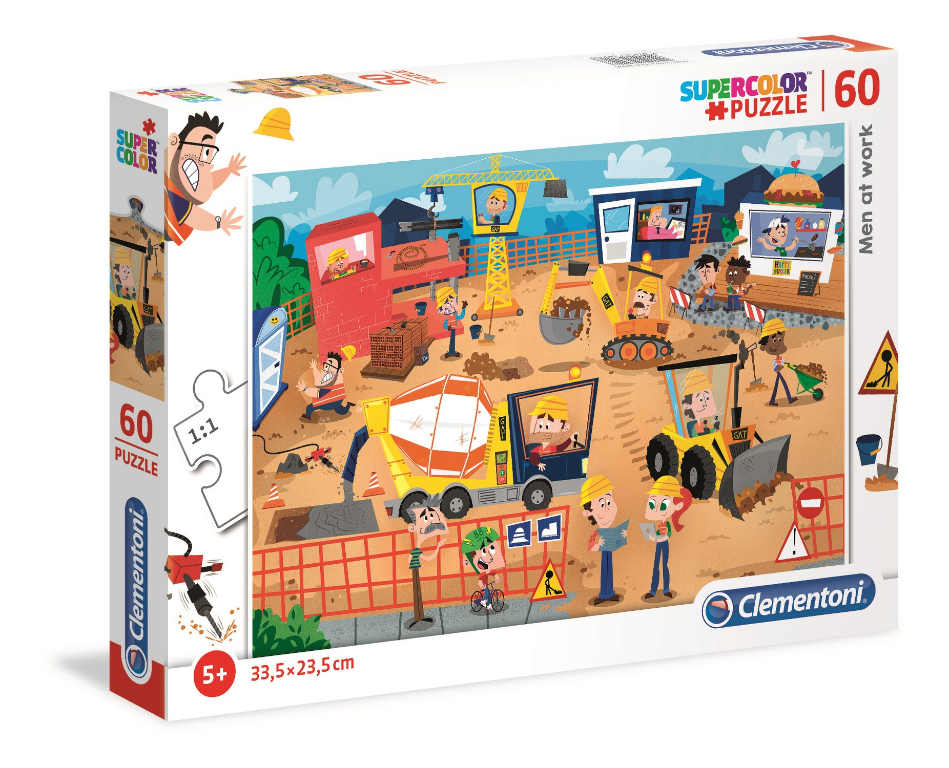 Pudełko z puzzlami z ilustracją placu budowy. Kreskówkowi robotnicy, maszyny i budynki.