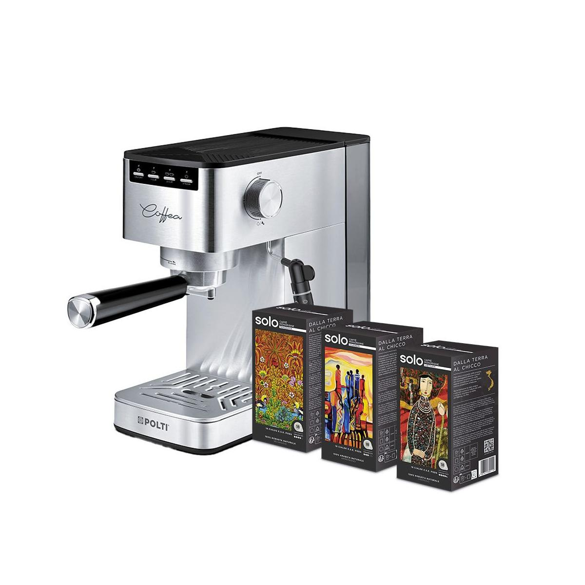 Srebrny ekspres do kawy z czarnymi akcentami, trzy pudełka kawy. Białe tło.