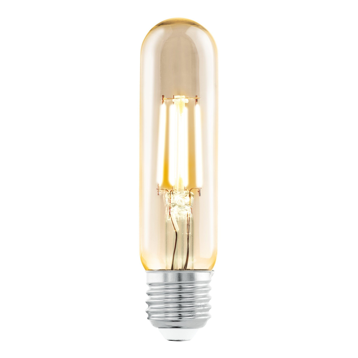 Lampadina lunga e tubolare con una tonalità dorata, base argentata e filamenti interni visibili.