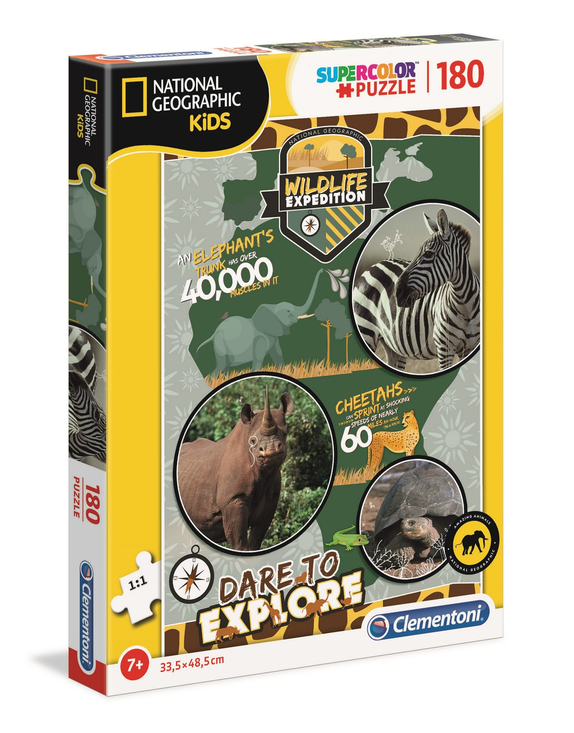 Pudełko z puzzlami: National Geographic Kids, motyw wyprawy do dzikiej przyrody. Zdjęcia zwierząt i elementów.
