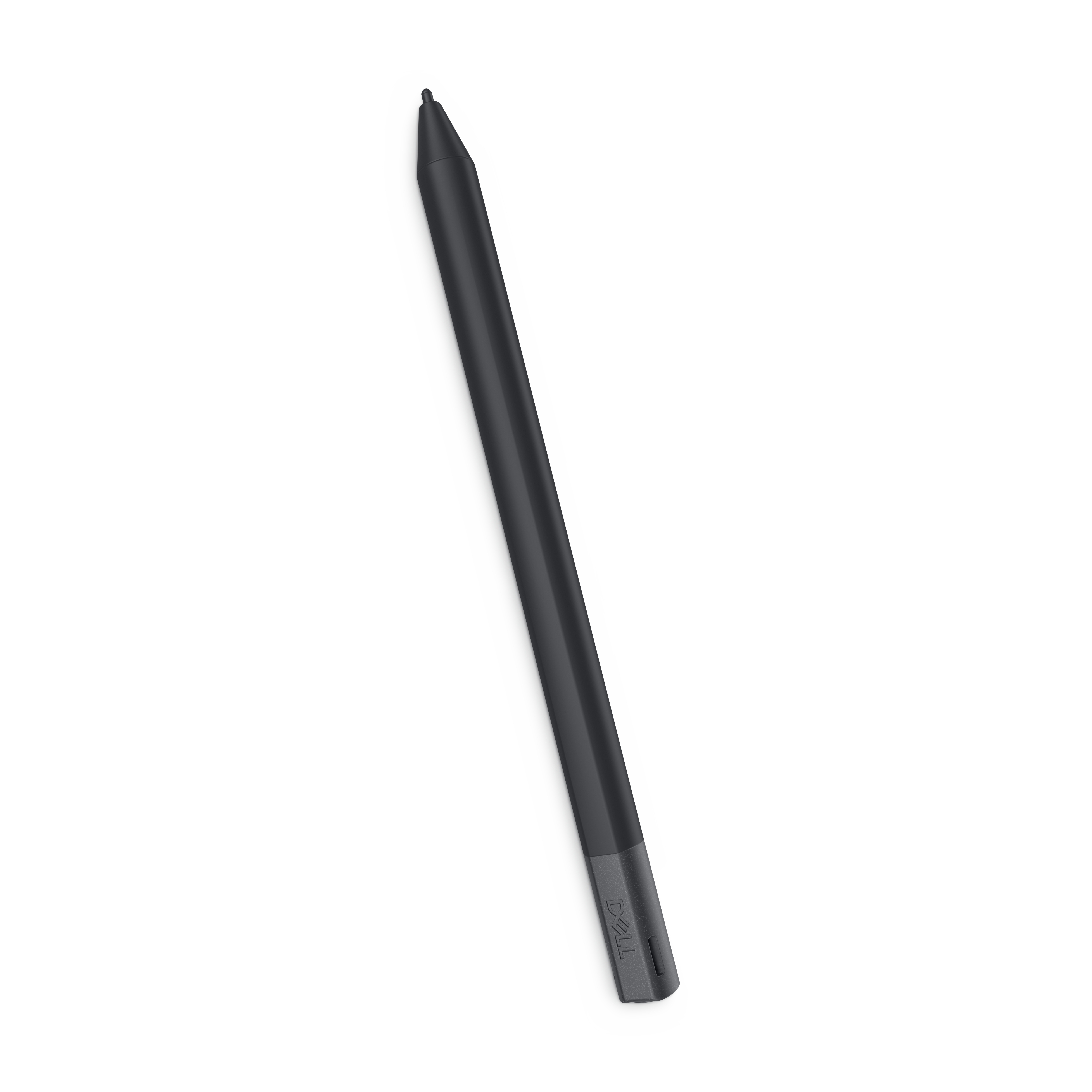 Schwarzer Dell-Eingabestift auf weißem Hintergrund. Der Stift ist schlank und modern.