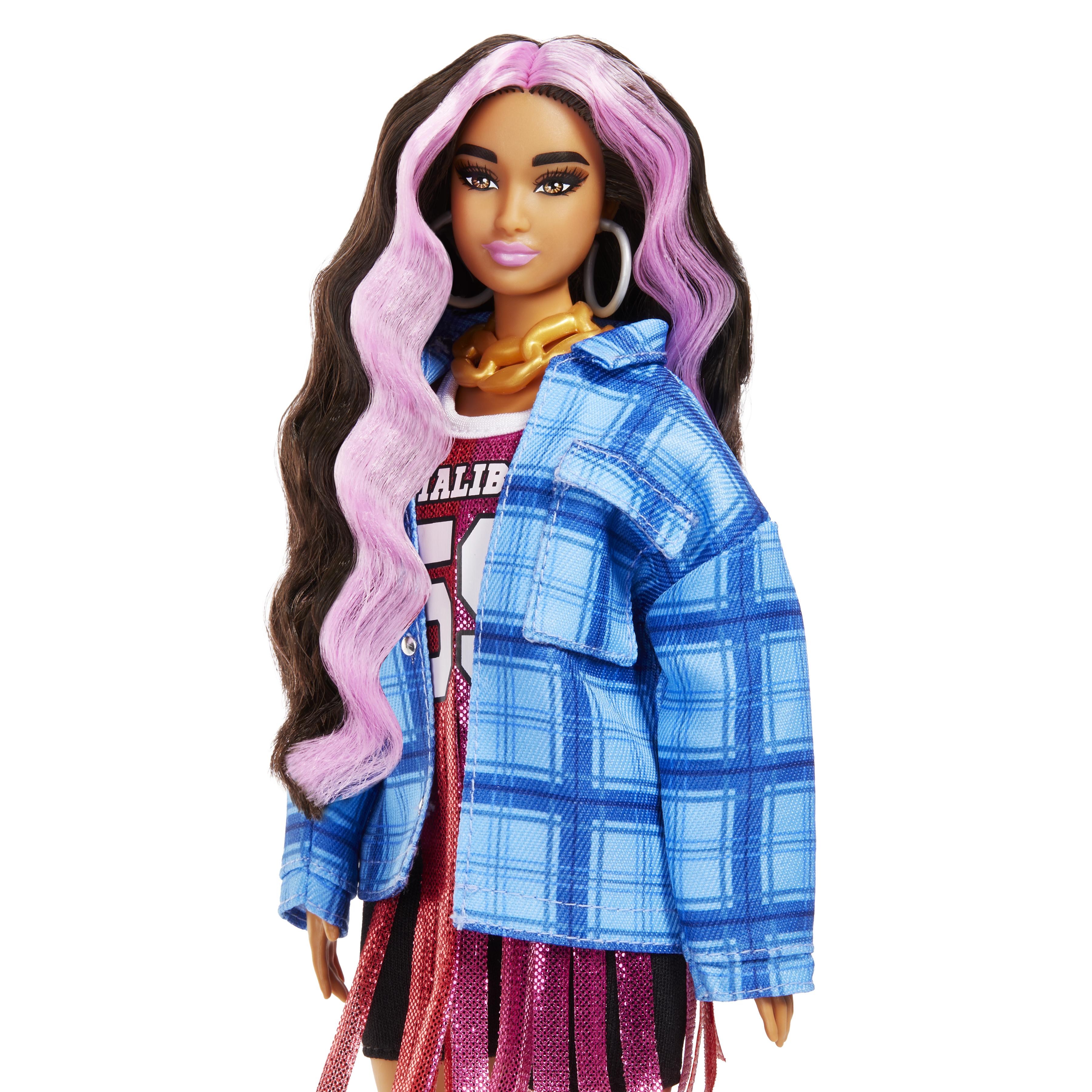 Lalka Barbie z różowymi i brązowymi włosami, niebieska kurtka.