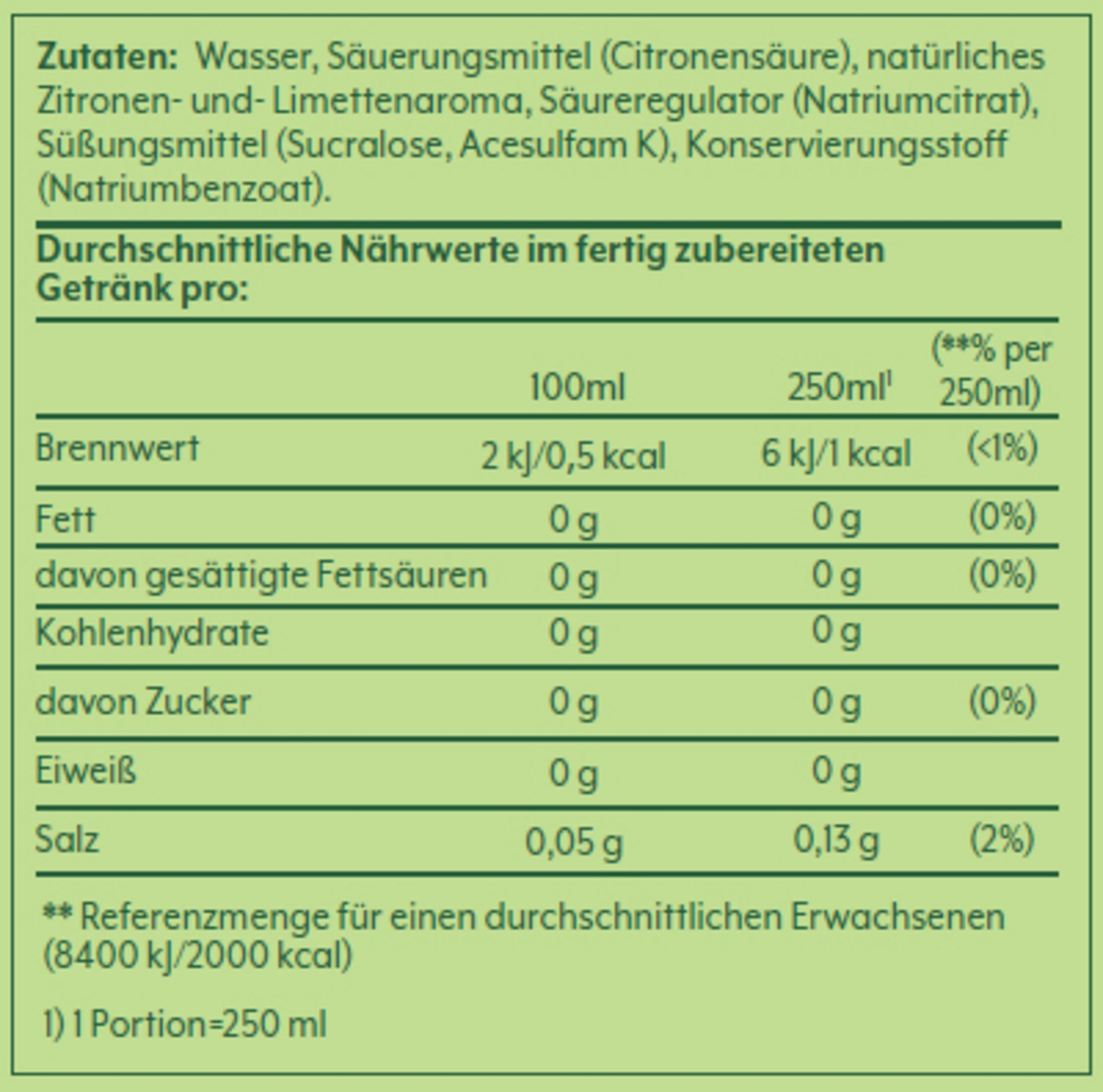 Tabella dei valori nutrizionali con informazioni su acqua, dolcificanti e valori nutrizionali per porzione.