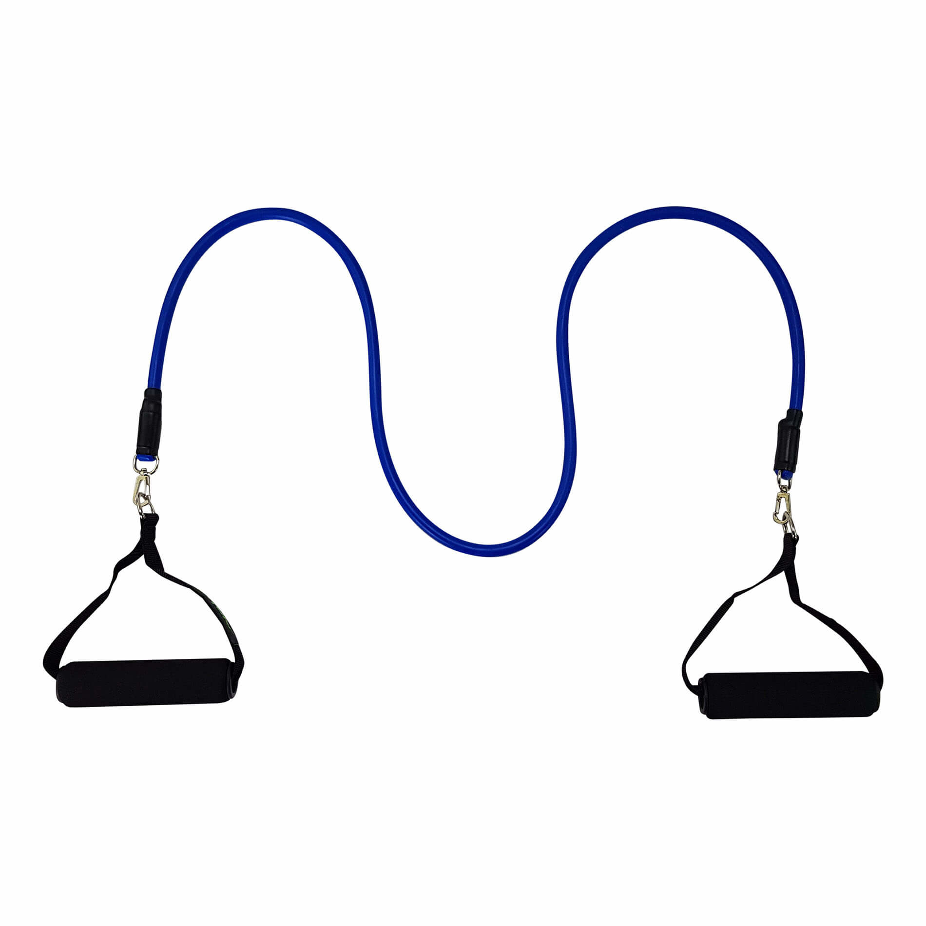 Niebieska rura oporu z czarnymi uchwytami. Uchwyty są przymocowane do rury za pomocą metalowych klipsów. Wyizolowane na białym tle.