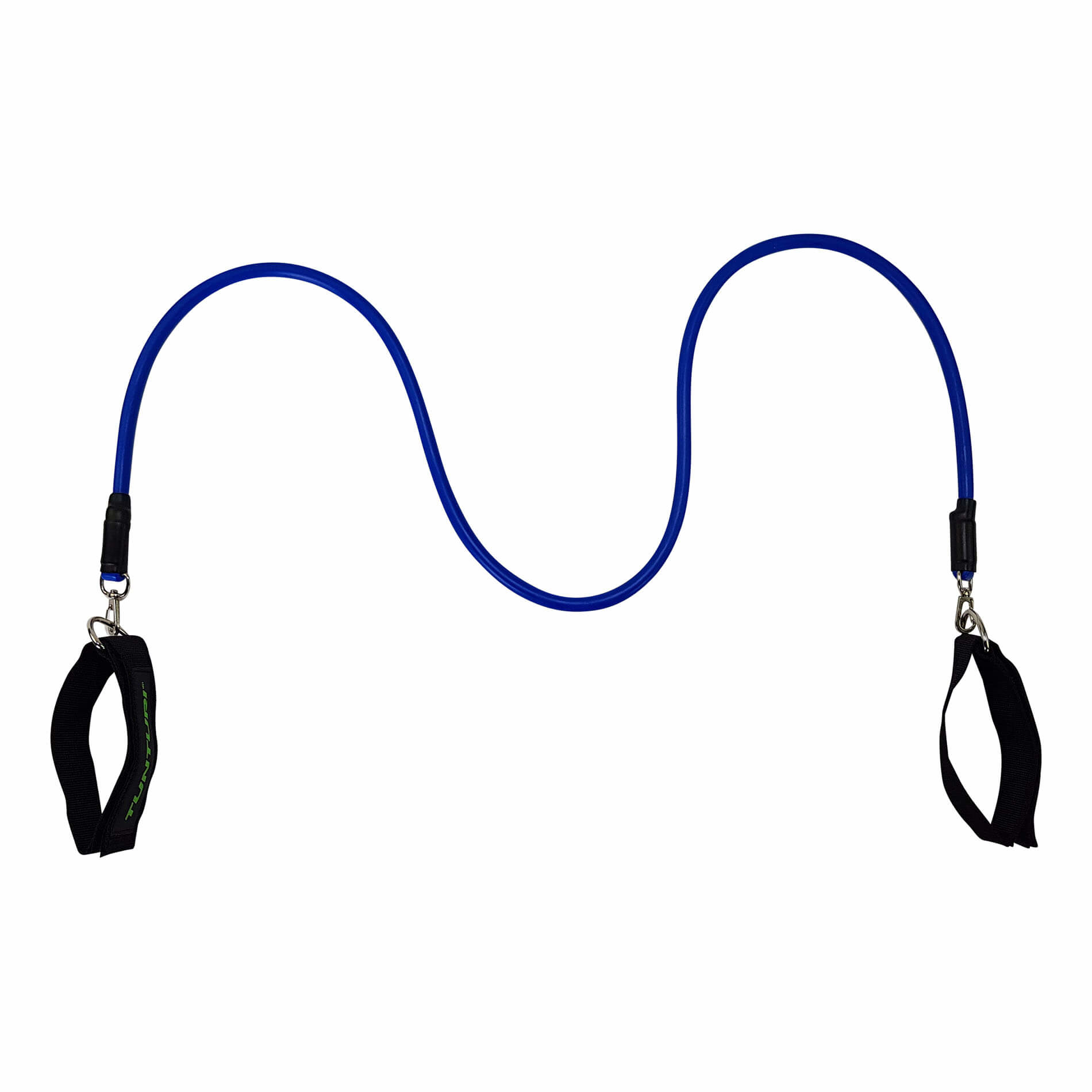 Niebieska taśma oporowa z czarnymi paskami na kostki, na białym tle.