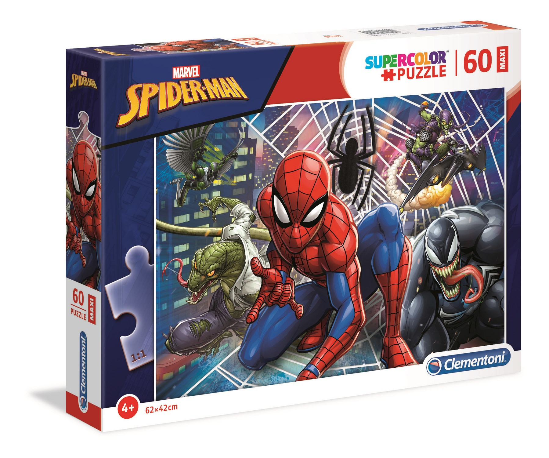 Pudełko z puzzlami Marvel Spider-Man. Pudełko przedstawia Spider-Mana i złoczyńców.