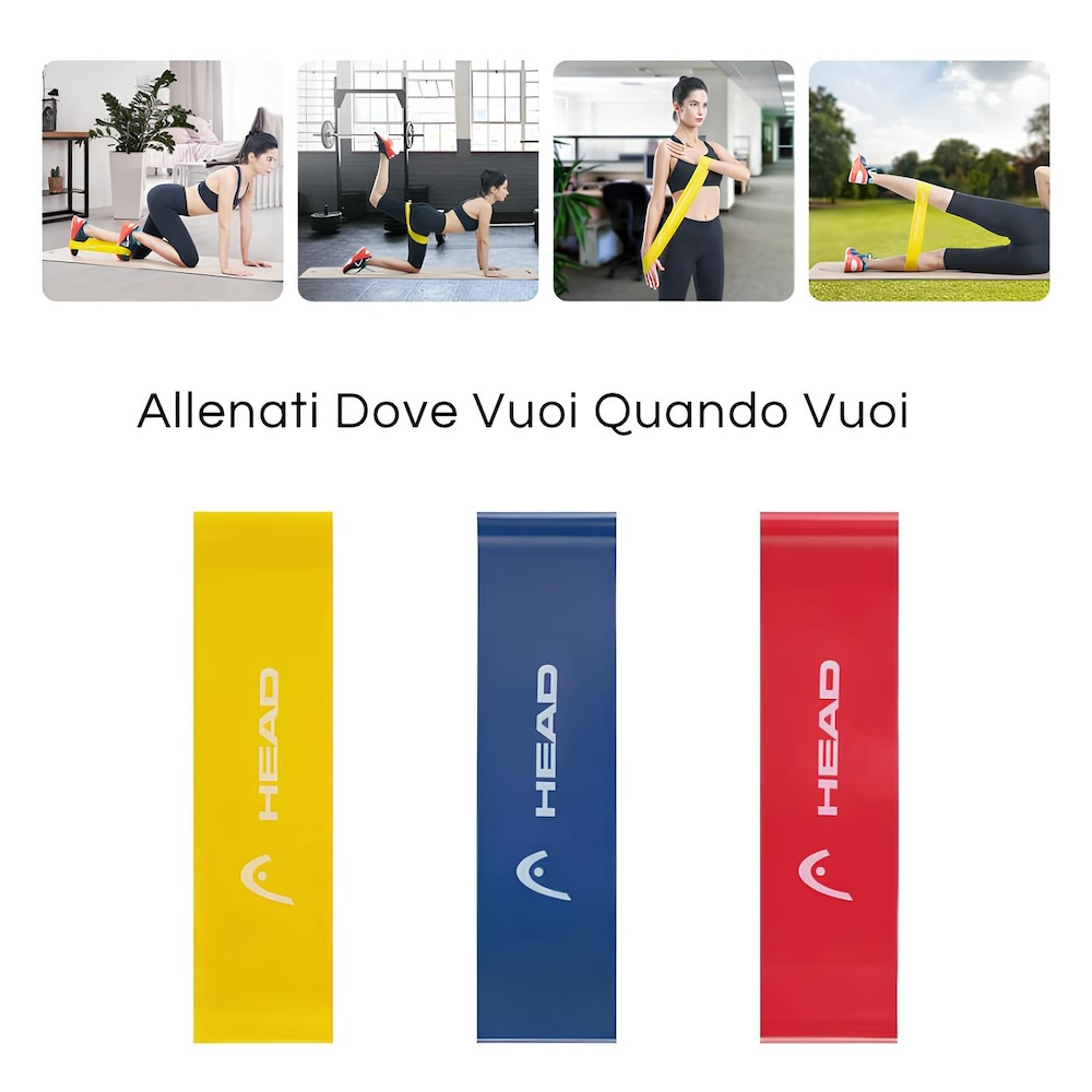 Tre fasce di resistenza colorate: gialla, blu e rossa, con persone che si esercitano.