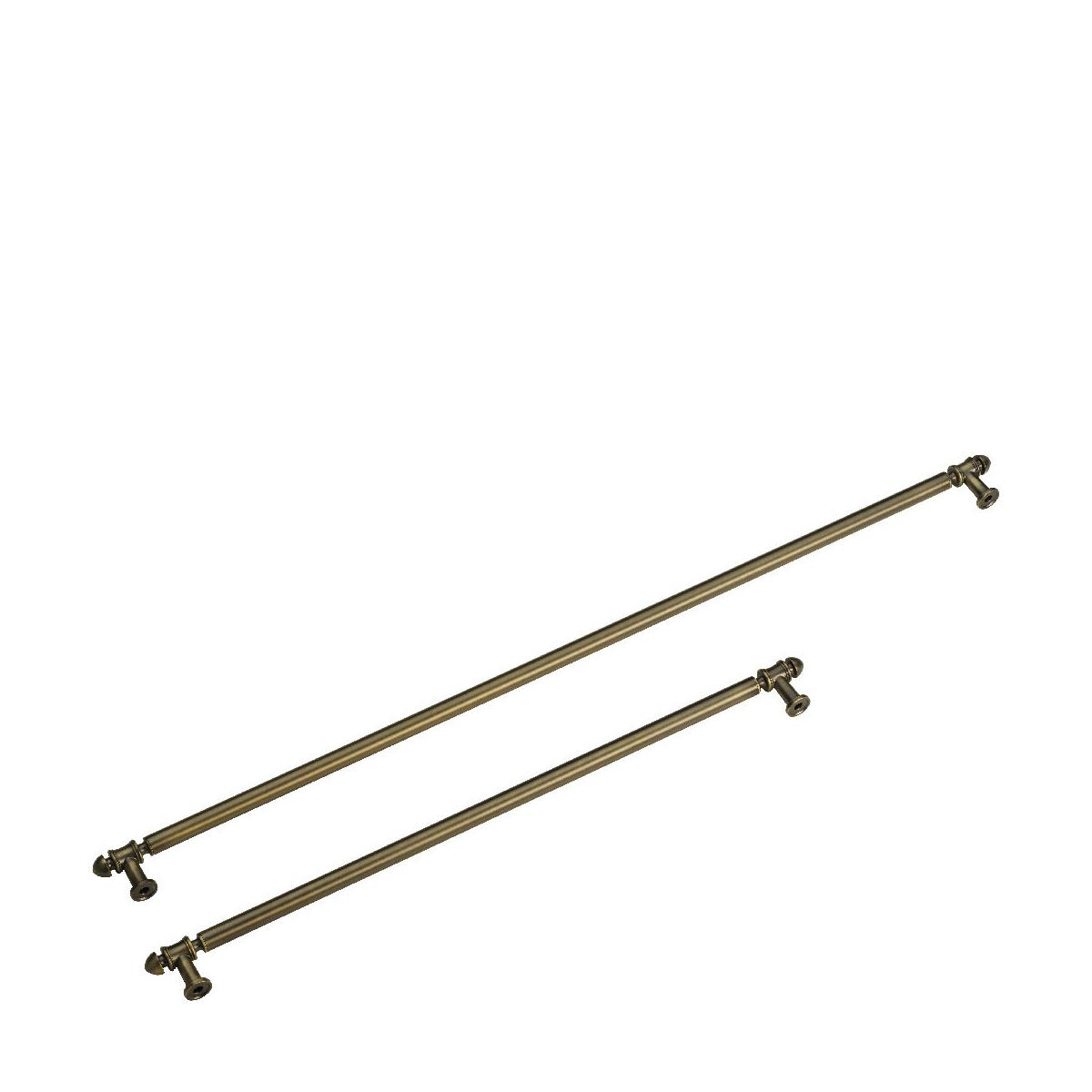 Dos barras de cortina de bronce con terminales, una larga y otra corta, sobre un fondo blanco.