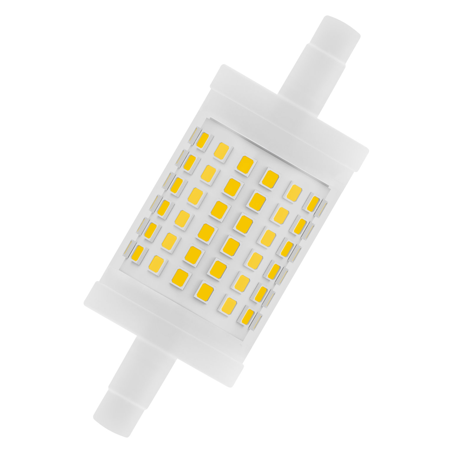Una luz LED blanca, rectangular con elementos LED amarillos. Dos conectores blancos se extienden desde ella.