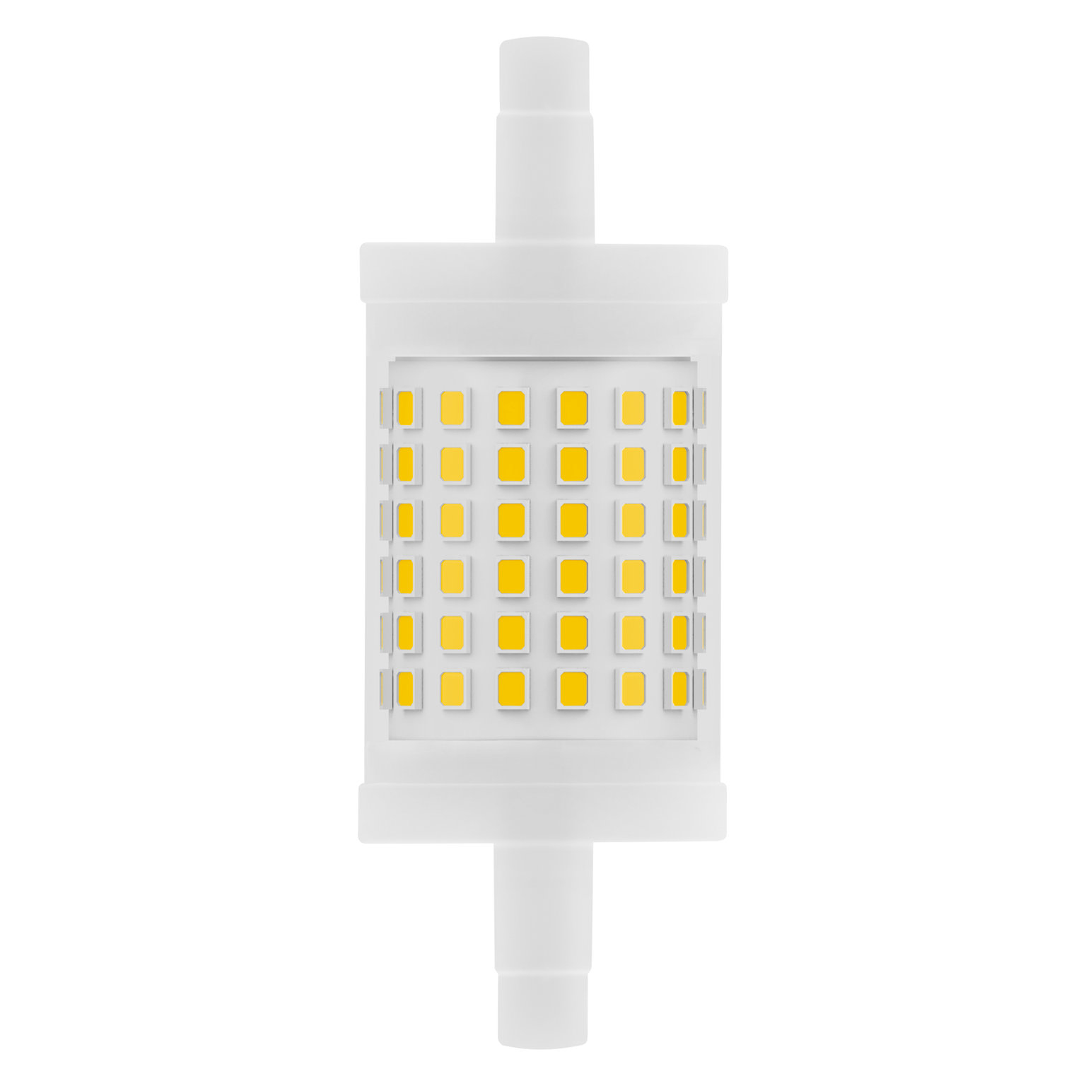 Una luz LED blanca, rectangular con elementos LED amarillos. Dos conectores blancos se extienden desde ella.