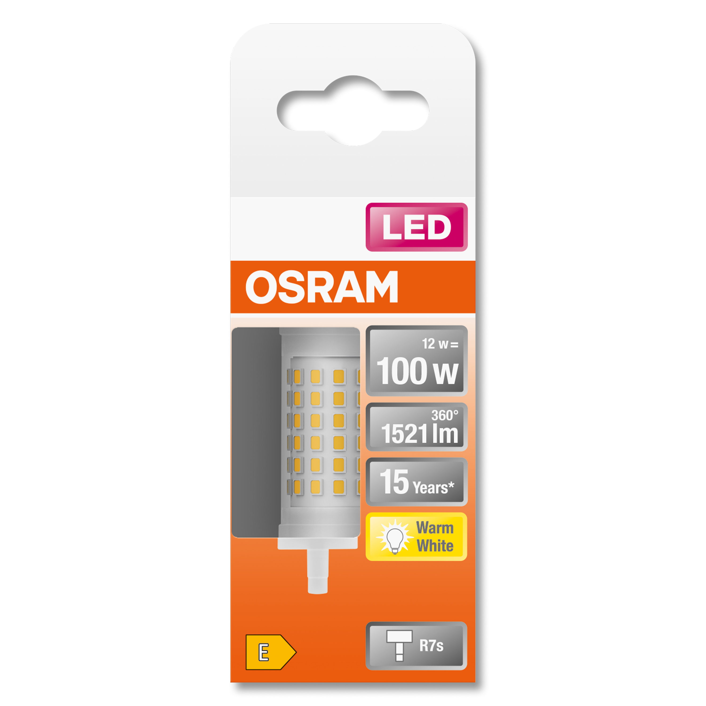 Paquete de bombilla LED OSRAM, con especificaciones, incluido 'Blanco Cálido'.