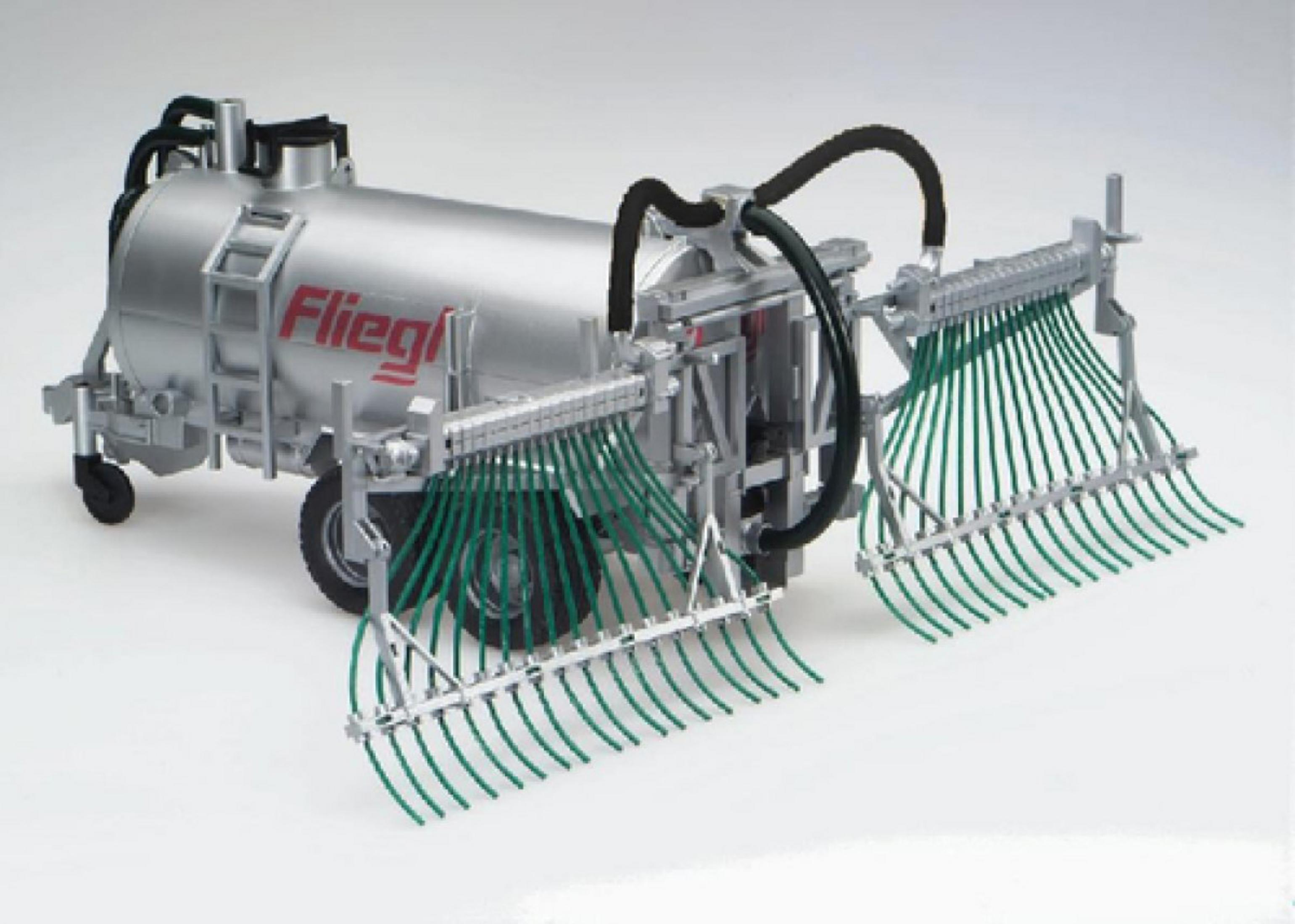 Zabawkowa maszyna rolnicza ze zbiornikiem i zielonymi rurami.