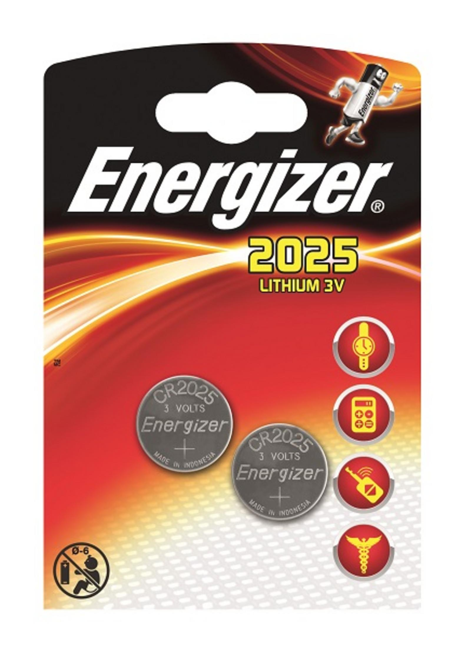 Confezione di batterie al litio Energizer 2025. La confezione ha due batterie e icone per gli usi.