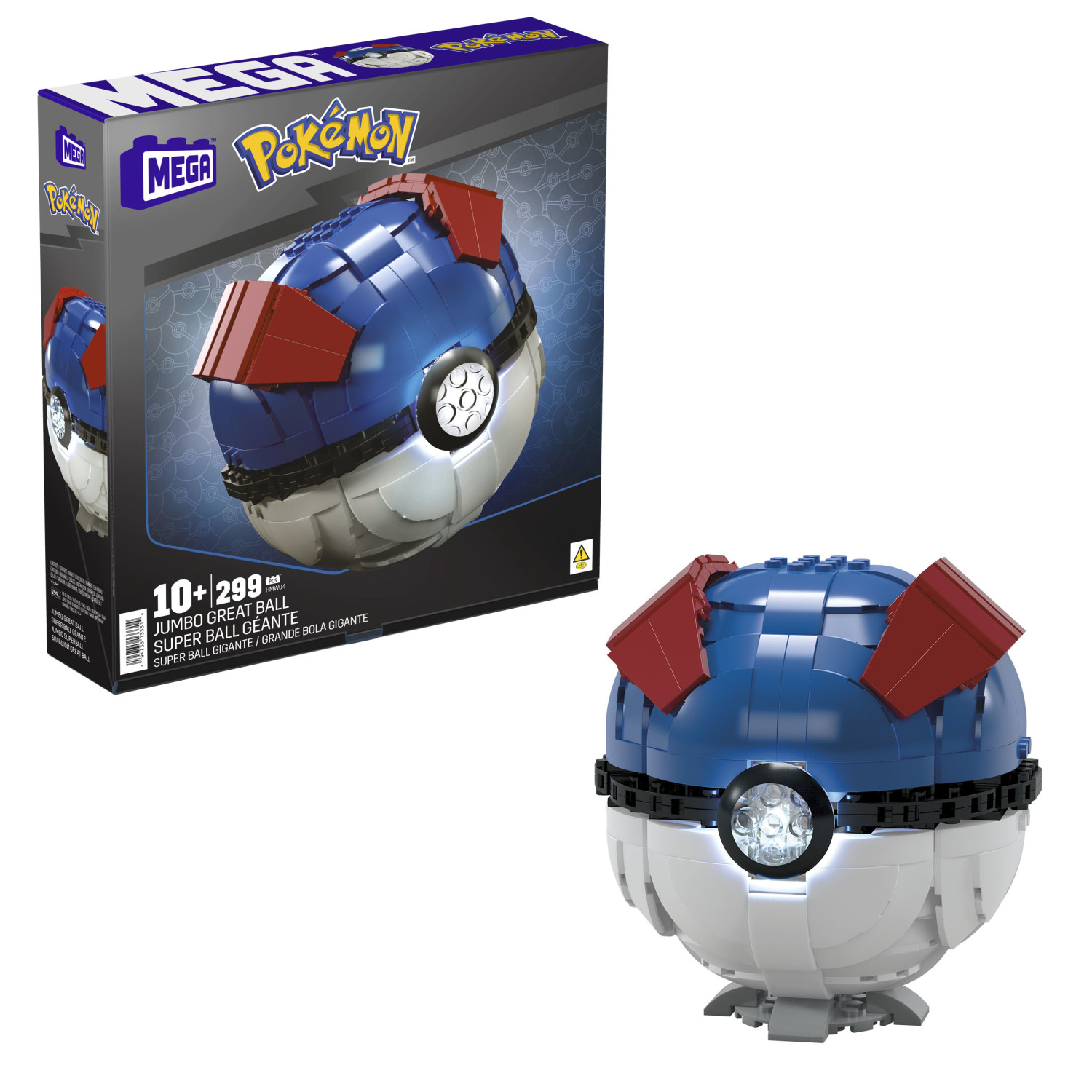 Zestaw konstrukcyjny Mega Pokémon Great Ball z pudełkiem i zbudowanym modelem.