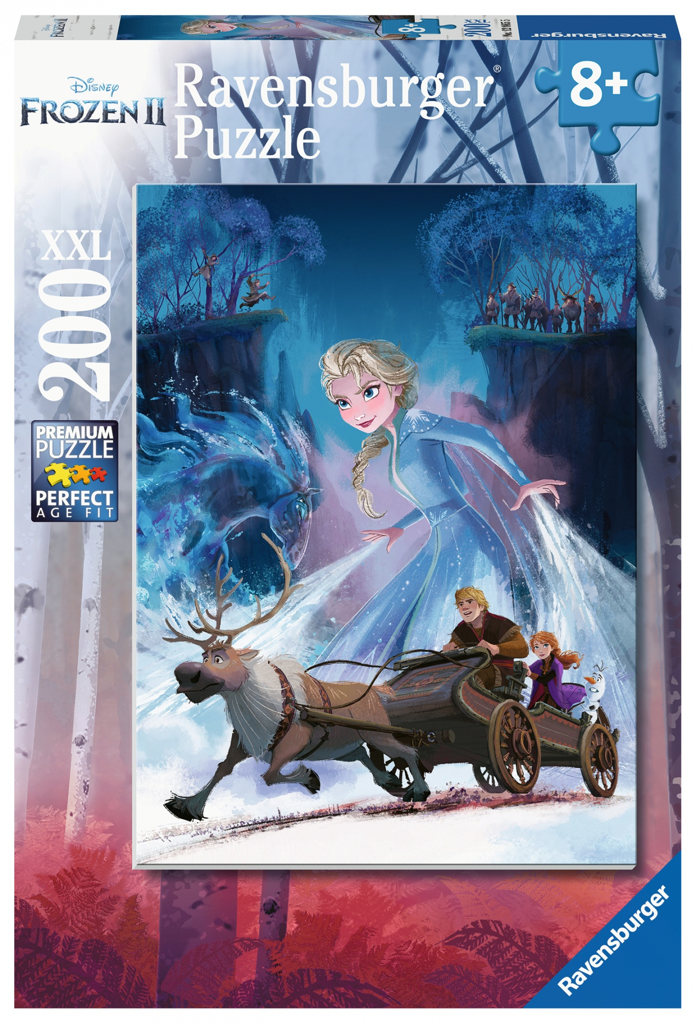 Pudełko z puzzlami Frozen 2 z Elsą, saniami i postaciami w zaśnieżonej scenerii.