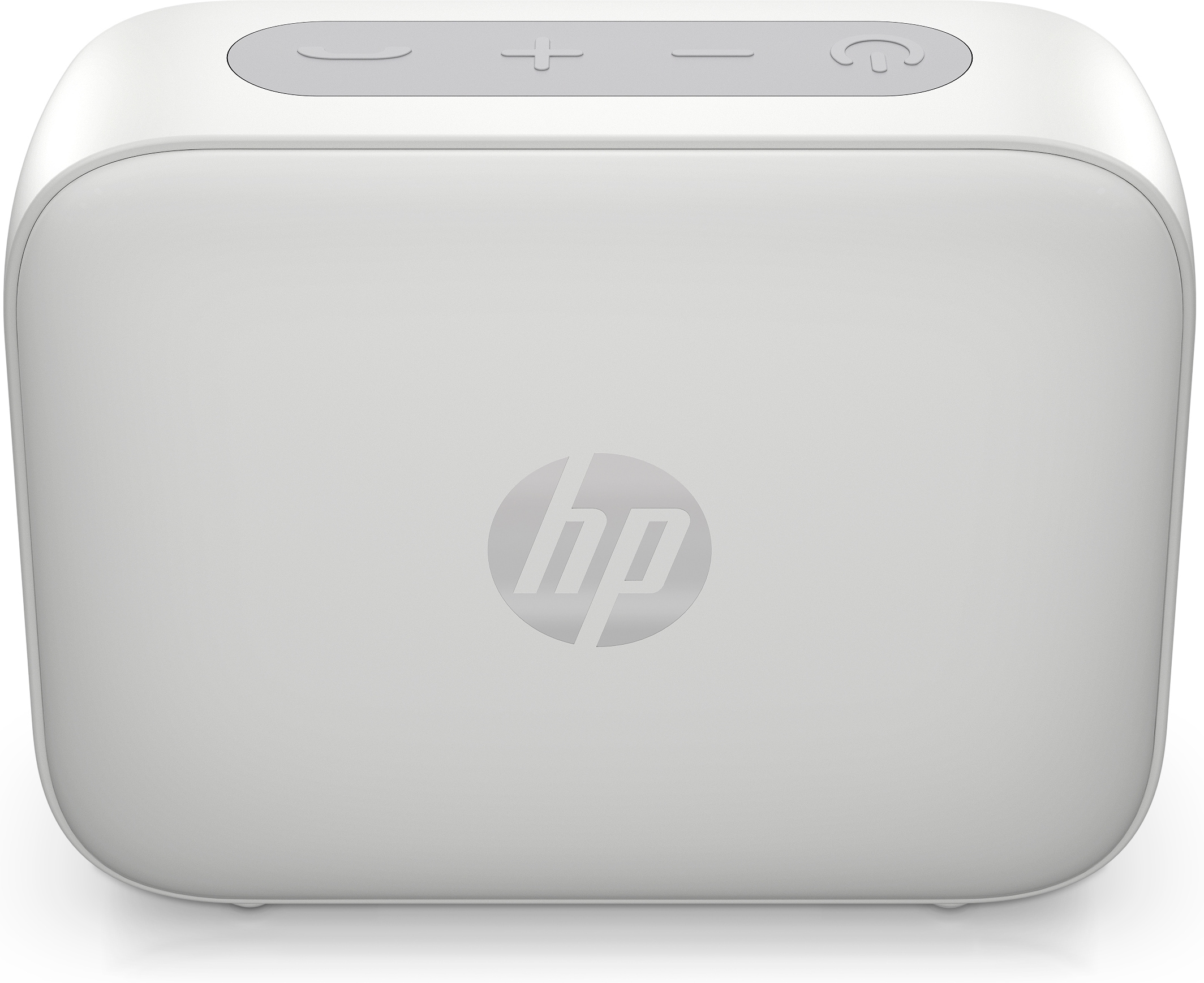 Biały, prostokątny głośnik Bluetooth HP z przyciskami sterowania na górze i logo HP pośrodku.