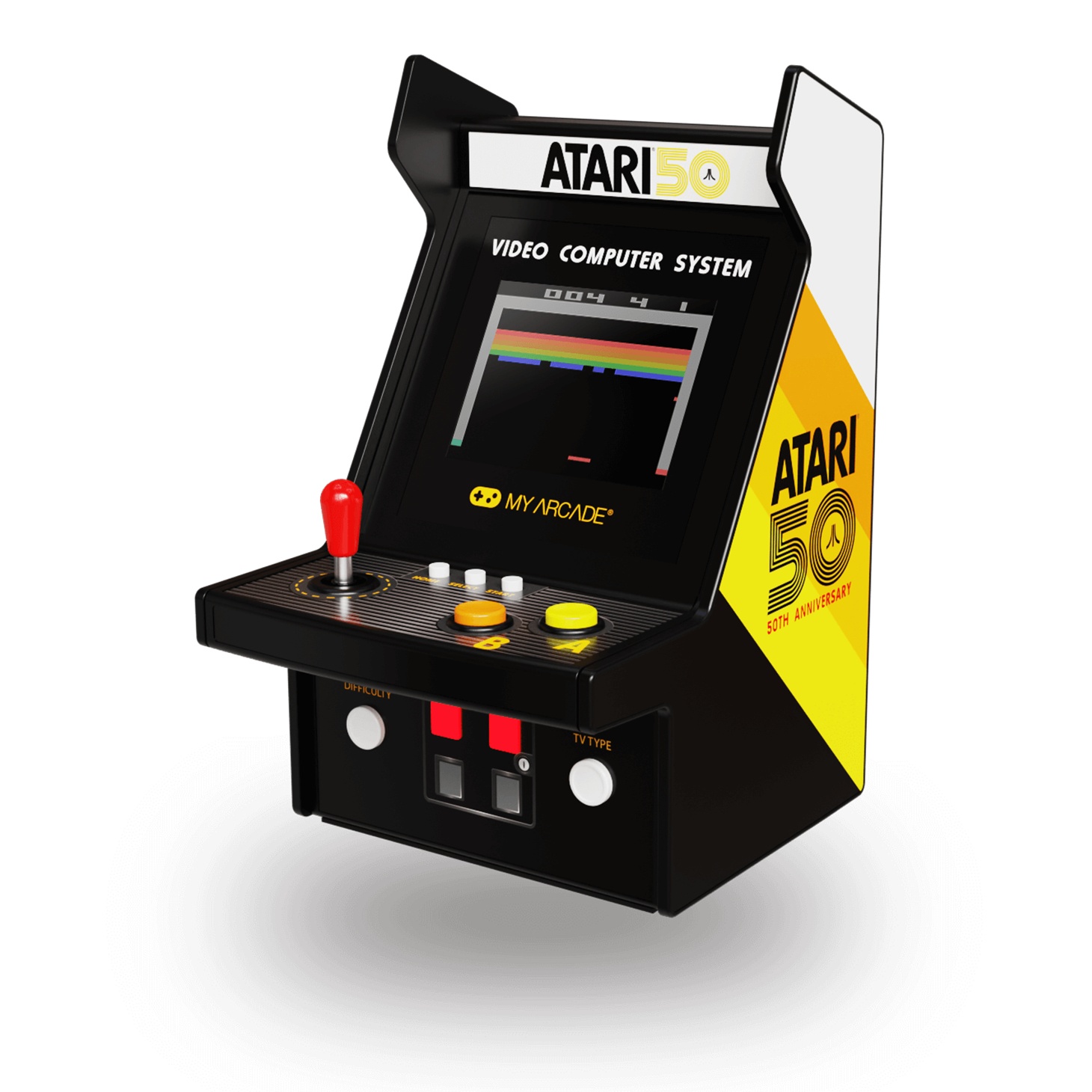 Mini automat do gier. Czarna obudowa z żółtą marką Atari 50. rocznicy, czerwony joystick.