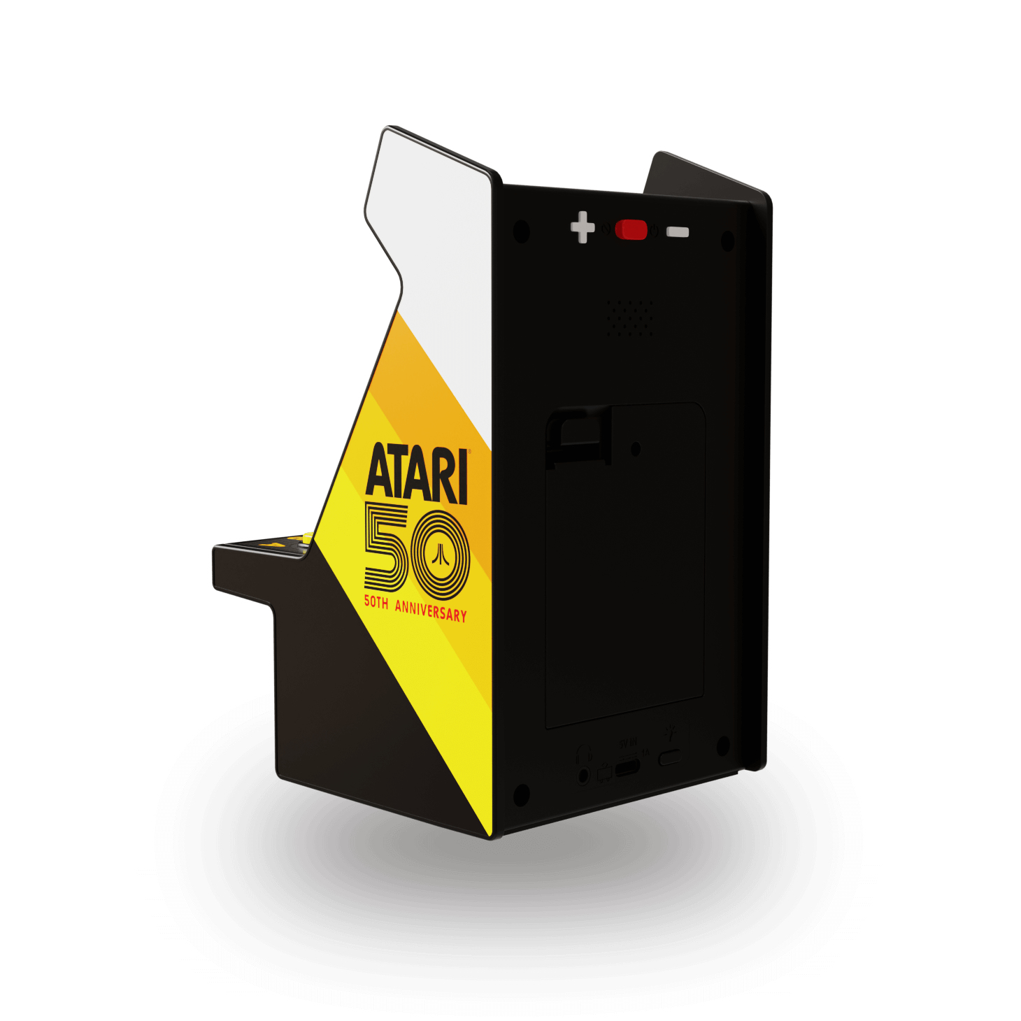 Mini automat do gier. Czarna obudowa, żółty i czarny bok z logo Atari 50, biały wierzch.