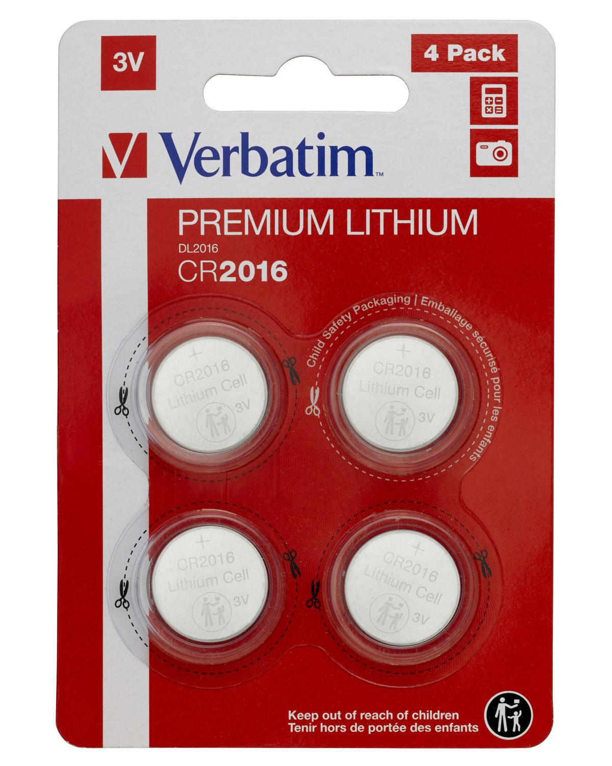Quattro batterie a bottone al litio premium Verbatim CR2016 in una confezione rossa e bianca.