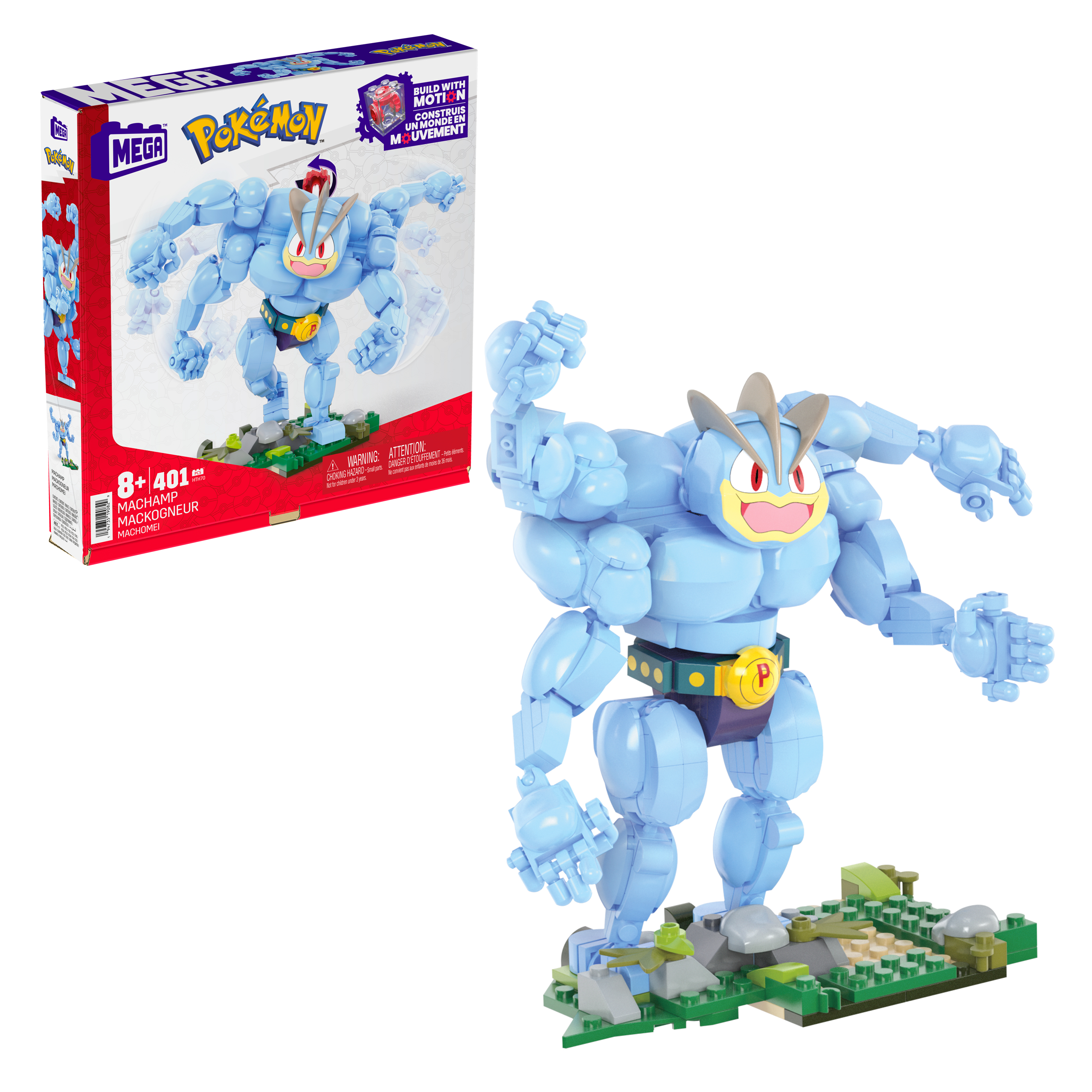 Una figura giocattolo Machamp e la sua scatola. La figura è su una base verde e la scatola mostra la figura in azione.