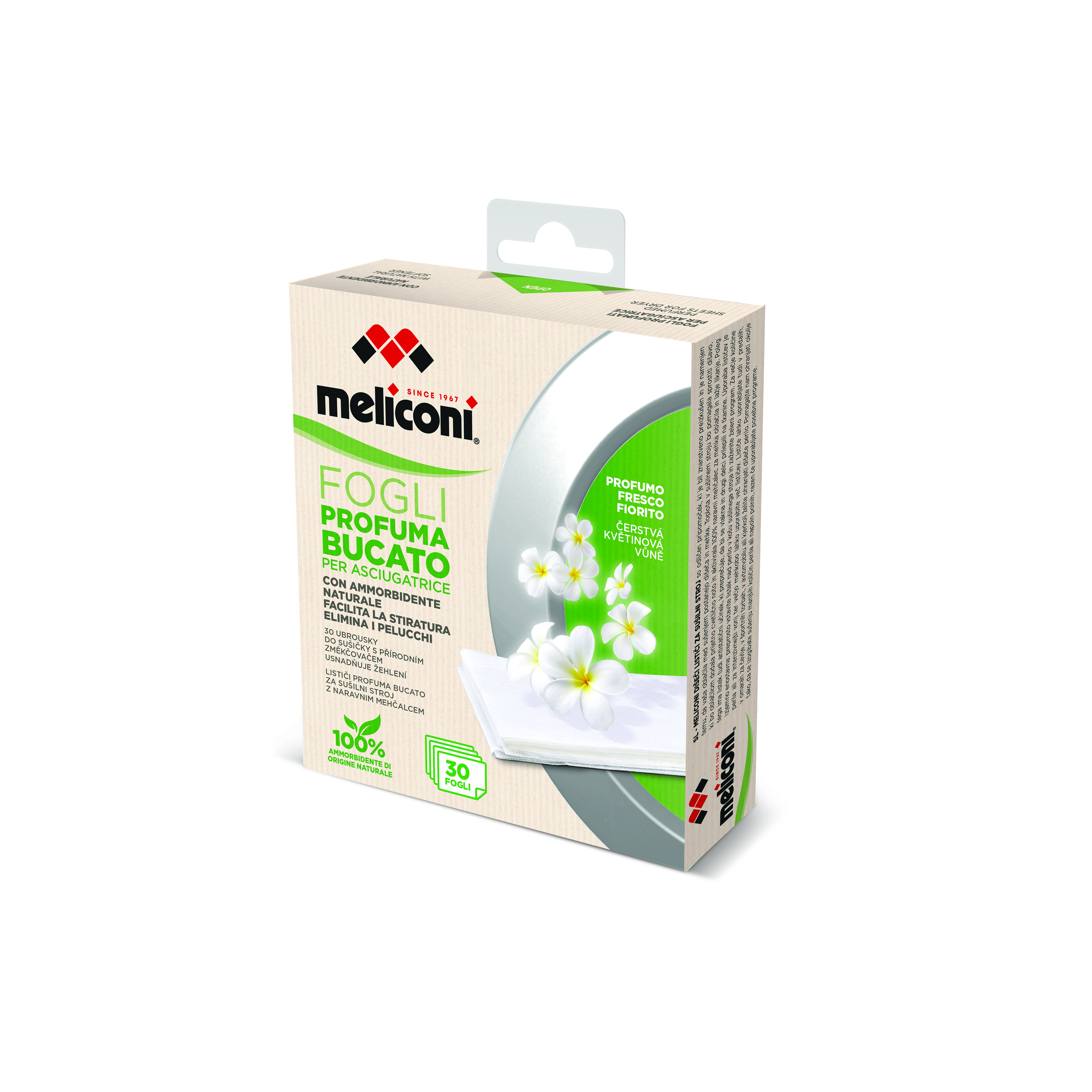 Pudełko chusteczek do suszarki. Białe chusteczki z obrazkiem kwiatu. Tekst po włosku.