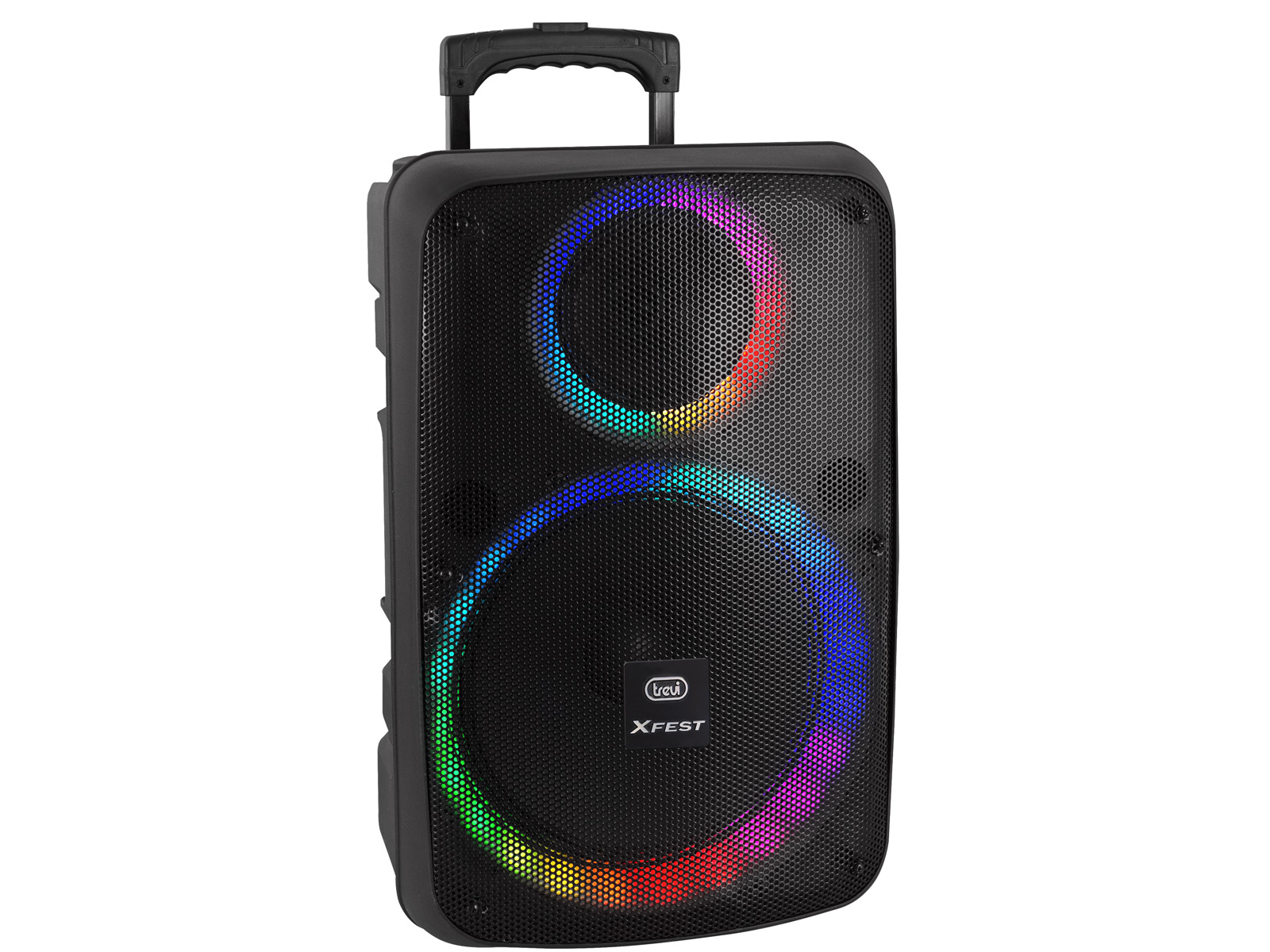 Un altoparlante nero con luci colorate, una maniglia e il testo XFEST.