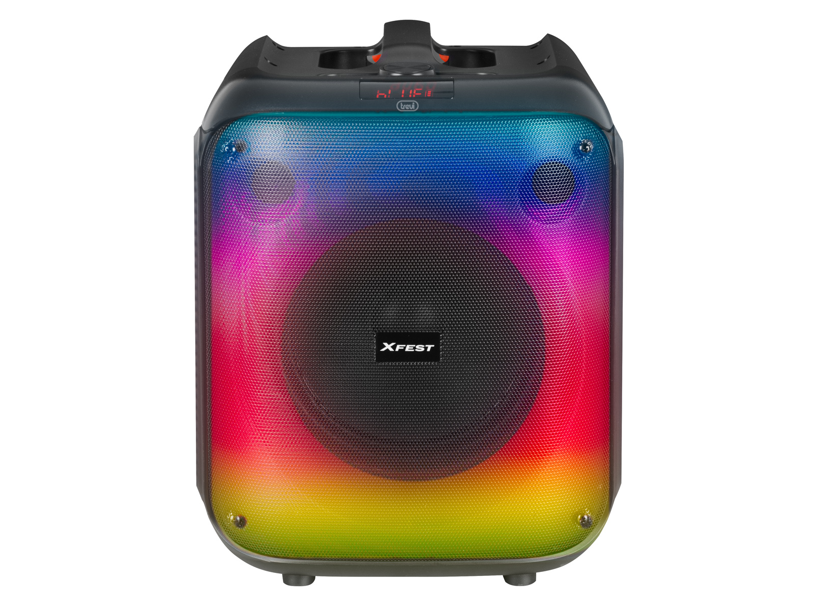 Głośnik XFEST ze zmieniającymi kolor światłami. Głośnik ma czarny korpus, czerwony uchwyt i wyświetlacz.
