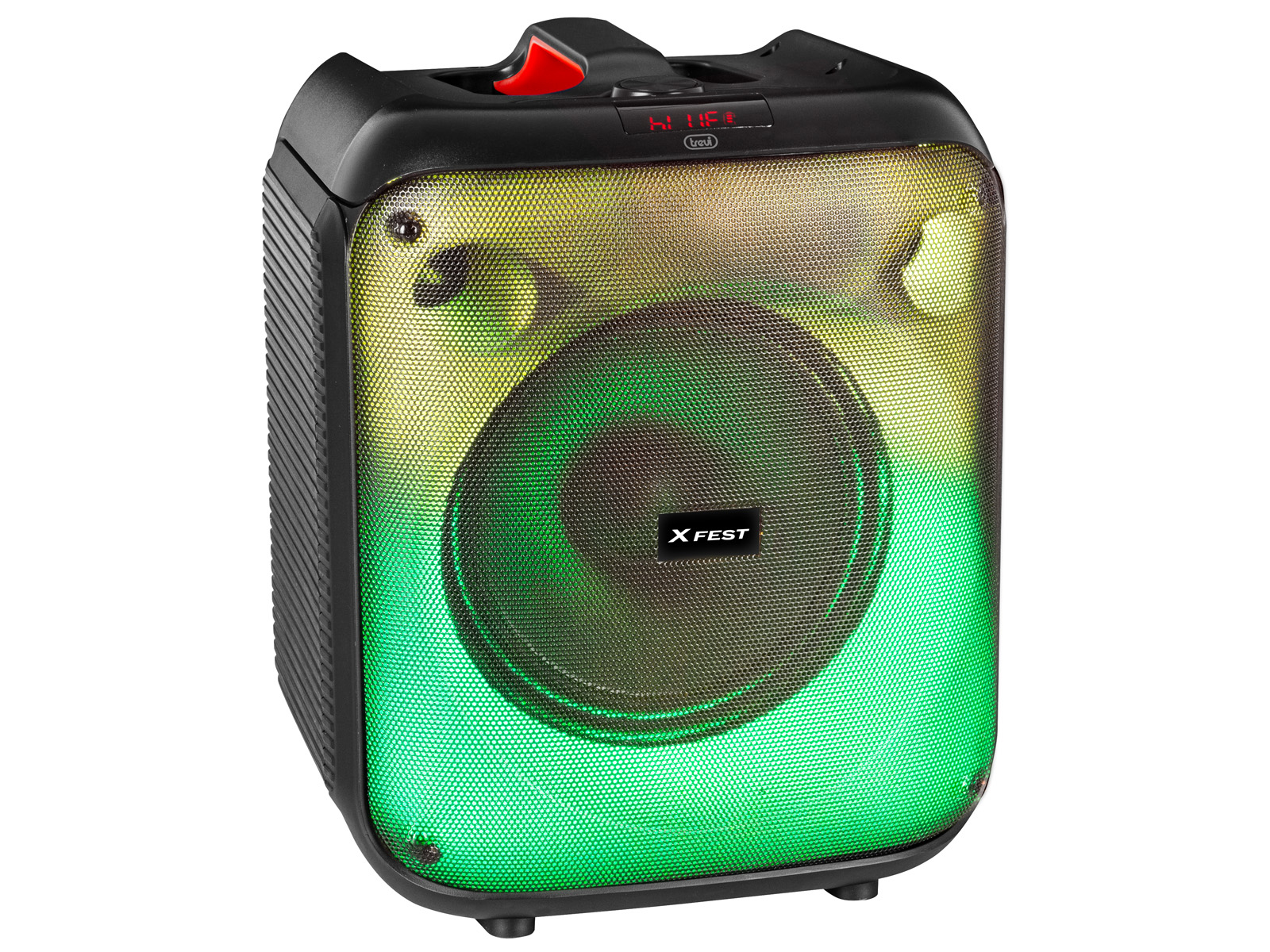 Głośnik XFEST ze zmieniającymi kolor światłami. Czarny korpus z centralnym głośnikiem. Światła zmieniają kolory.