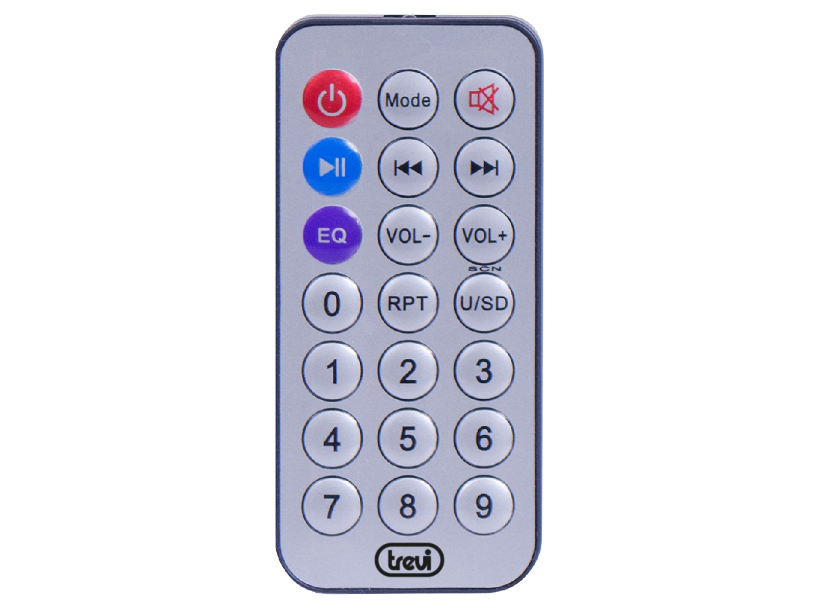 Pilot z przyciskami. Czerwony przycisk zasilania, niebieski przycisk odtwarzania i wiele ponumerowanych przycisków. Szary.