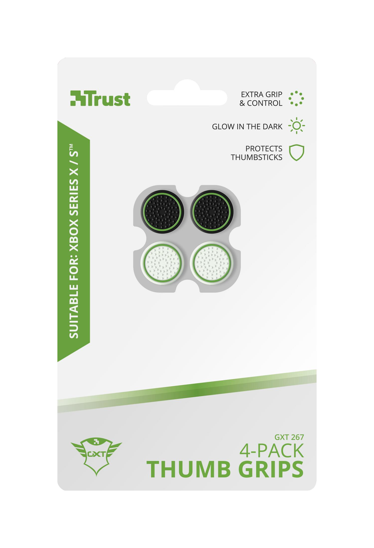 Thumb Grips für Xbox, schwarz und weiß, in Verpackung.