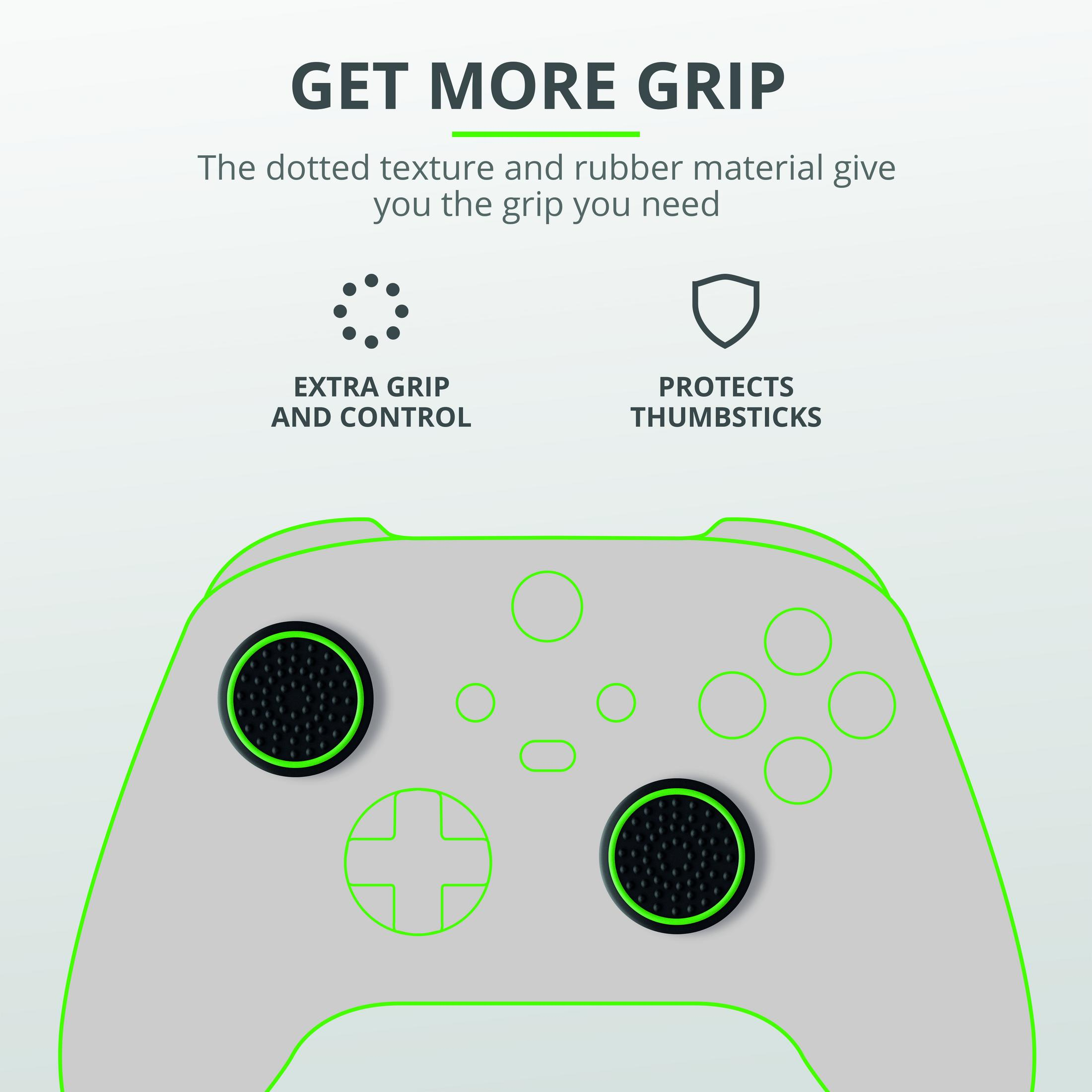 Eine weiß-grüne Umrisszeichnung eines Controllers. Zwei Thumbsticks mit schwarz-grünen Abdeckungen. Text: Zusätzlicher Grip und schützt Thumbsticks.