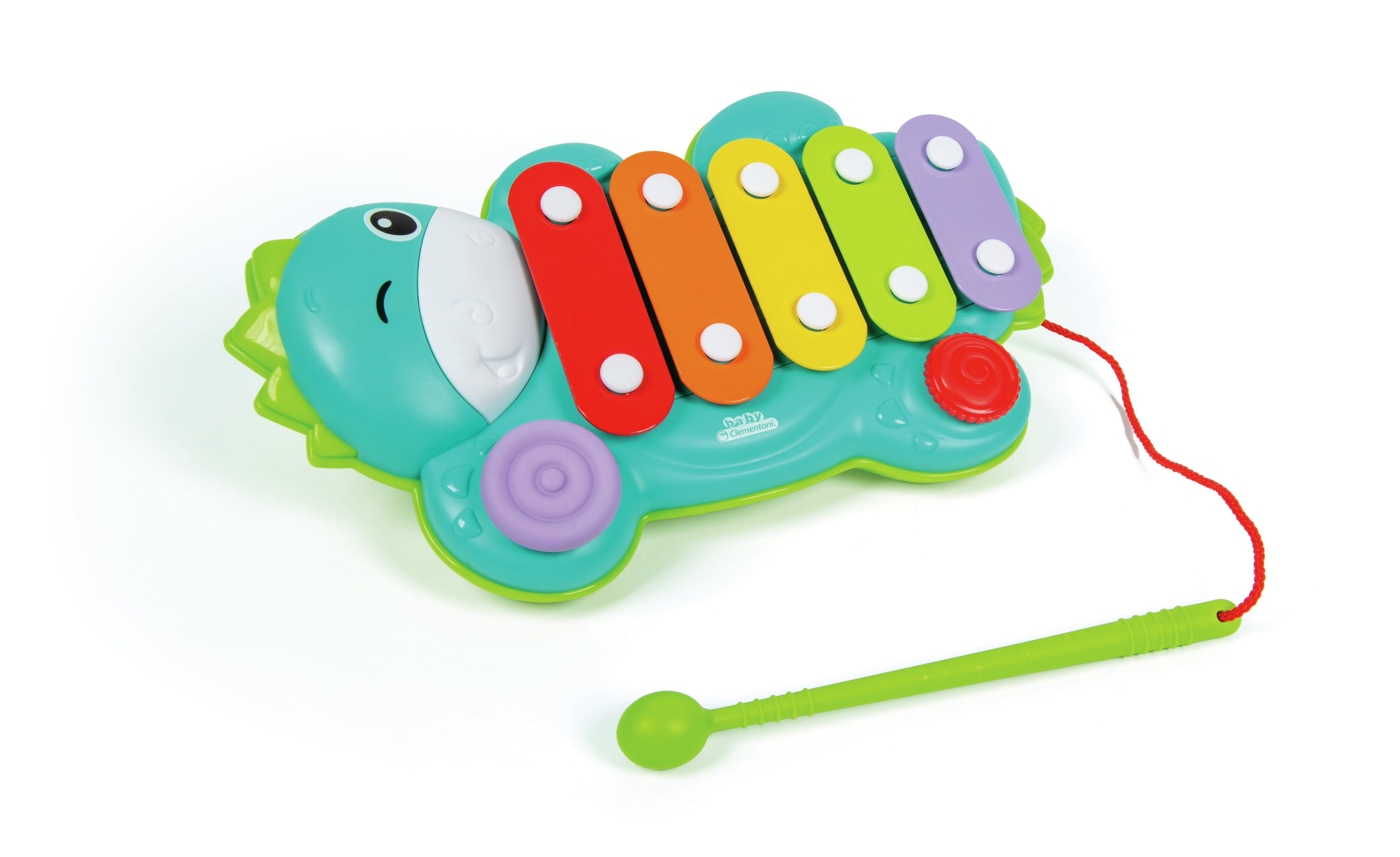 Zabawka ksylofon w kształcie dinozaura z kolorowymi pałeczkami i zielonym młotkiem.